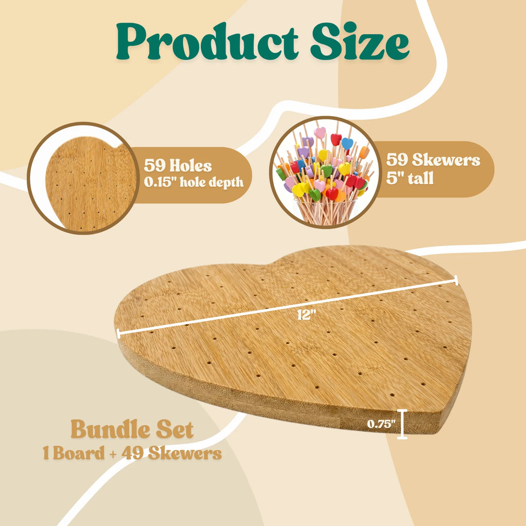 Heart Shaped Wooden Skewer Board Food Appetizer Holder Stand w/ 59 Skewers