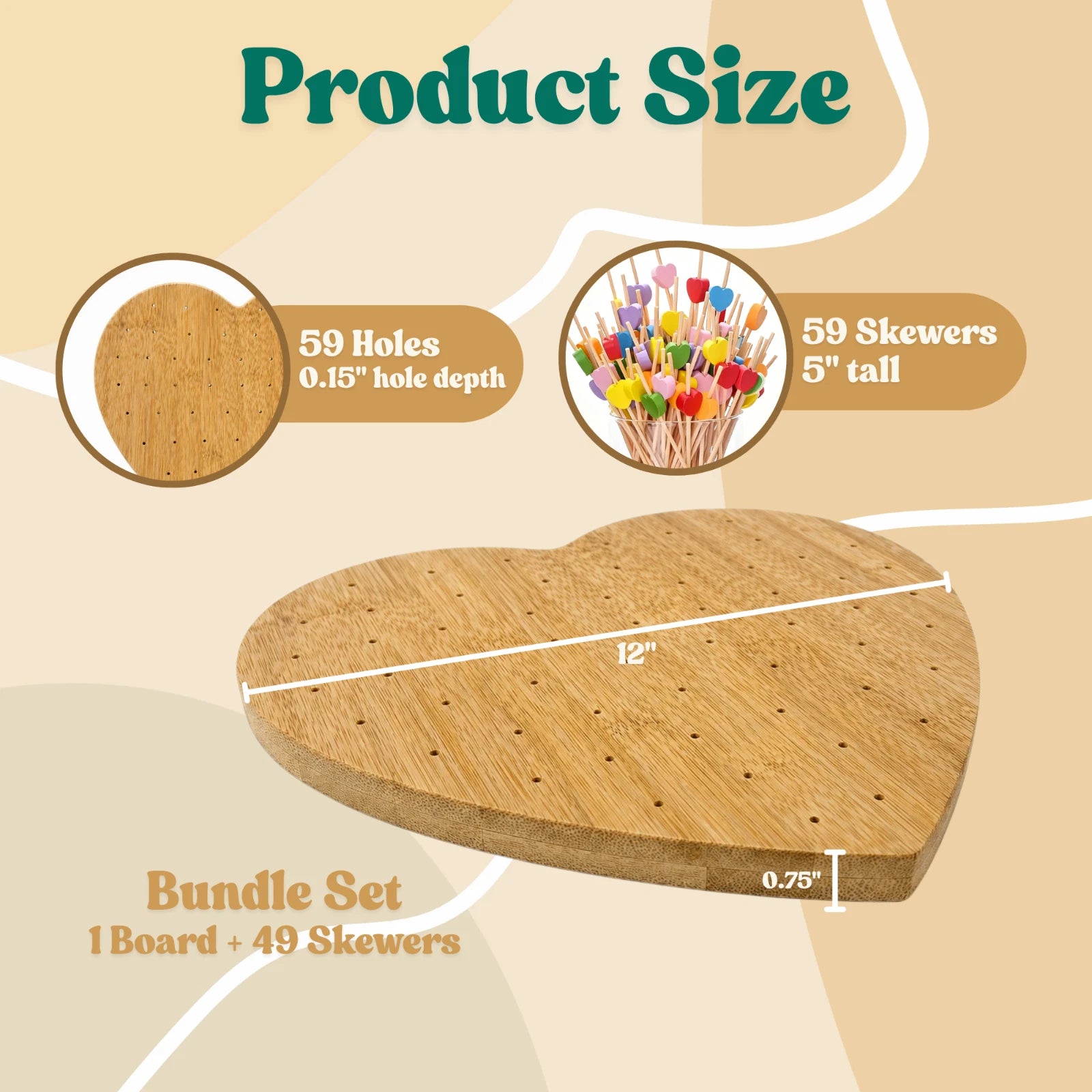 Heart Shaped Wooden Skewer Board Food Appetizer Holder Stand w/ 59 Skewers