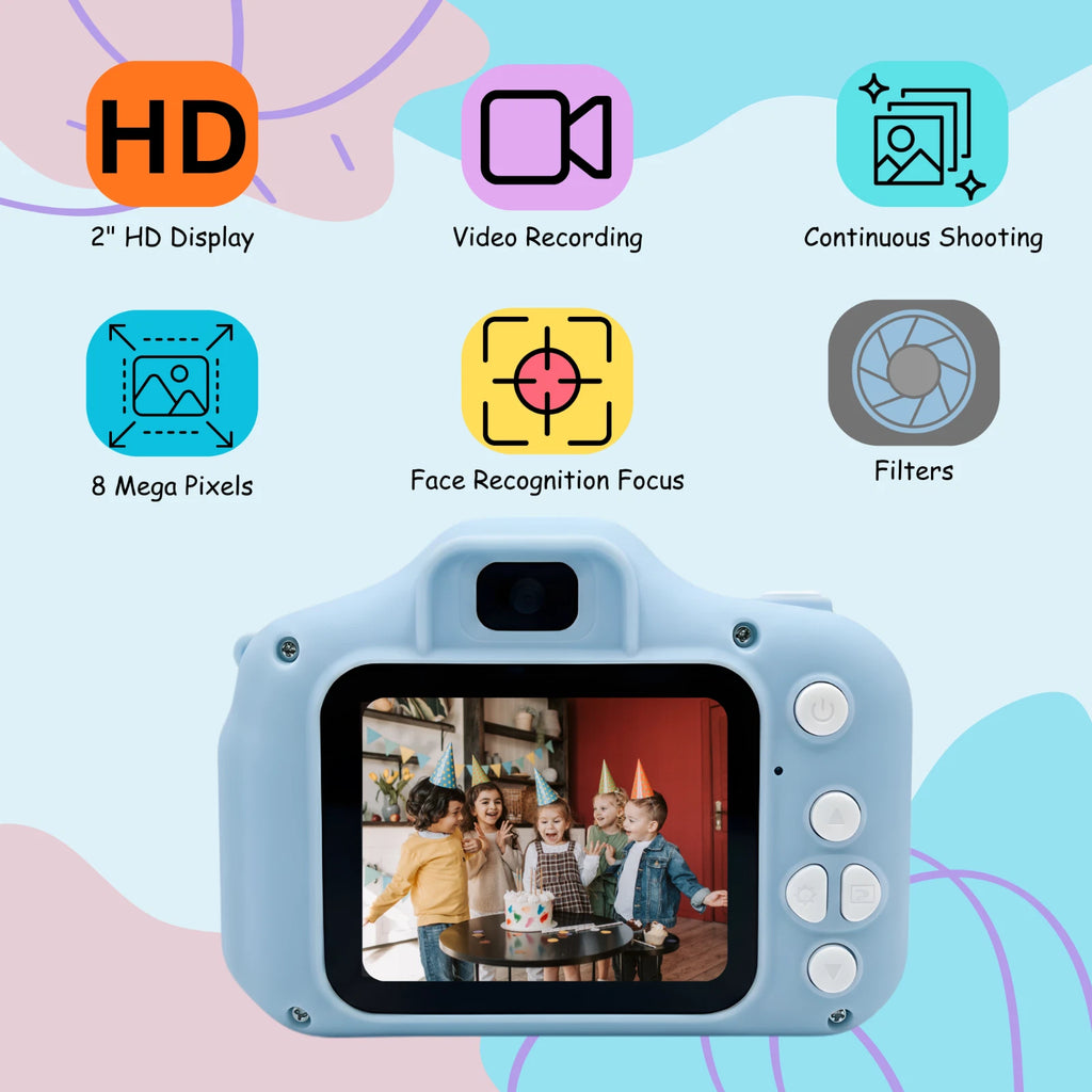 Kids HD Digital Camera Mini Video Recorder 8x Zoom with Games 32gb SD Card -Blue