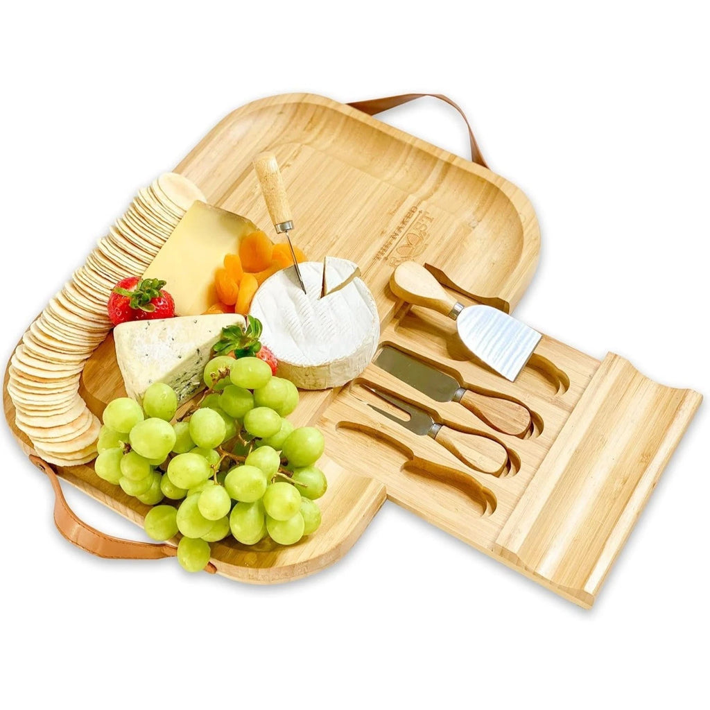Bamboo Cheese Board And Knife Set - Charcuterie Tray with Handles & Drawer