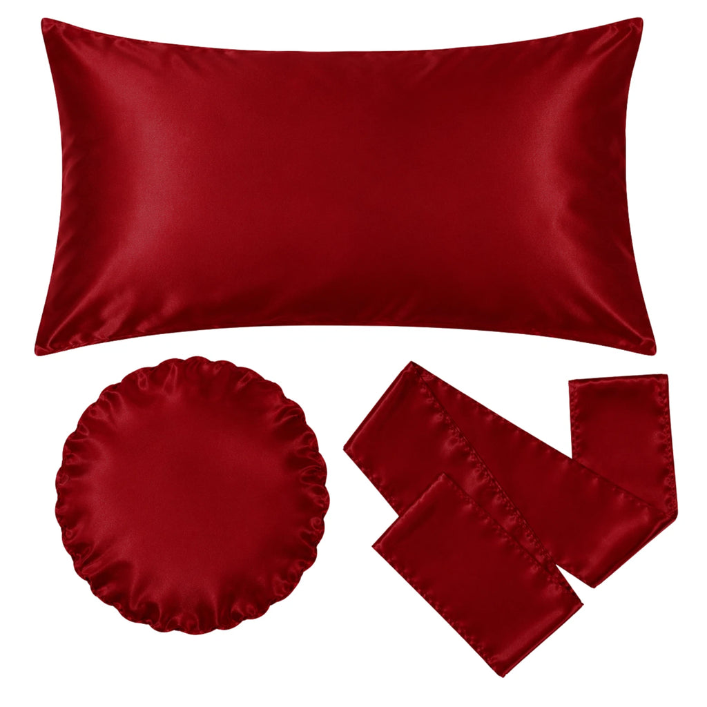 3 Piece Hair Bonnet Set - Red Satin Bonnet, Head Scarf & Pillowcase for Sleeping