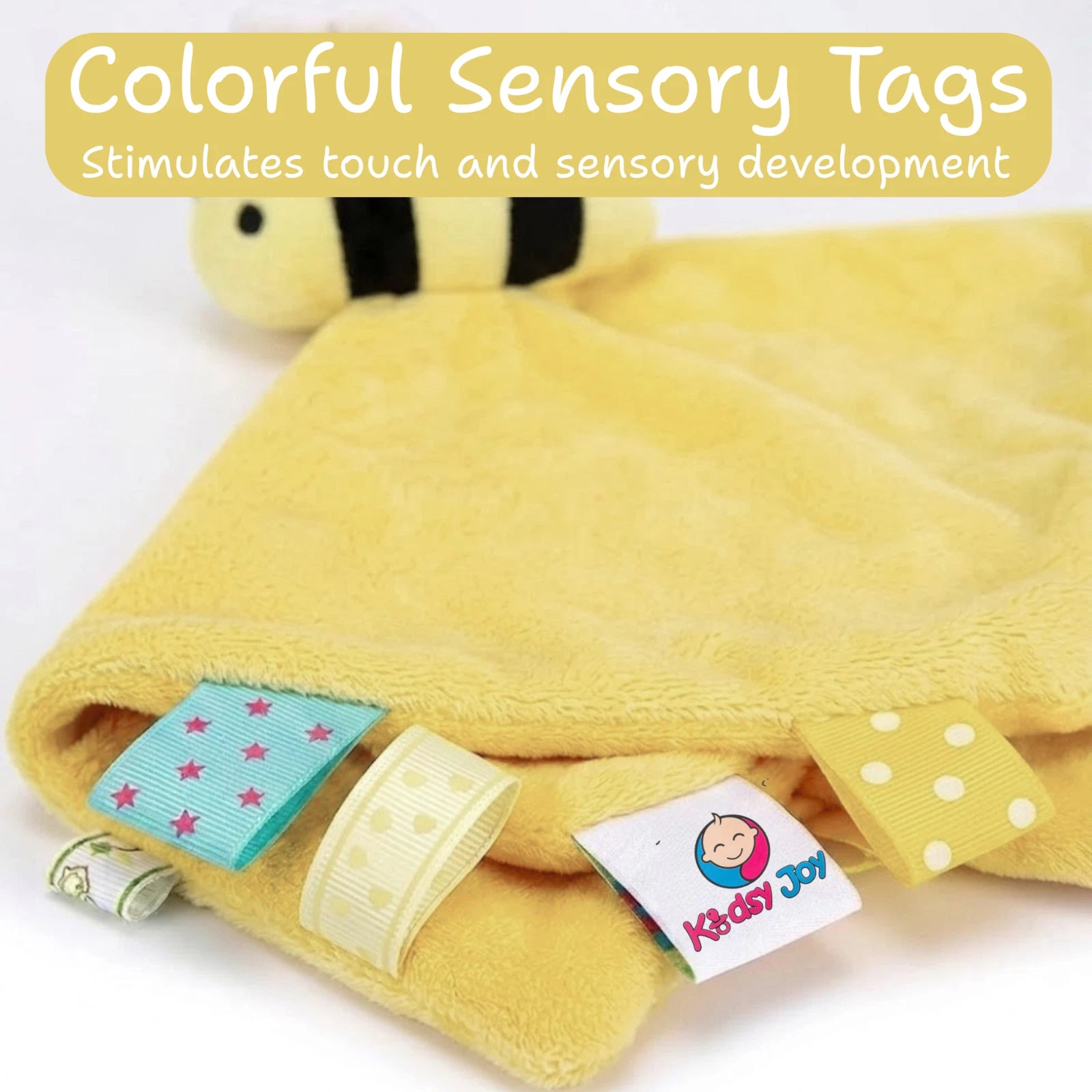 Kidsy Joy Soother Lovey 14” Ultra Soft Plush Blanket w/ Sensory Tags - Bee