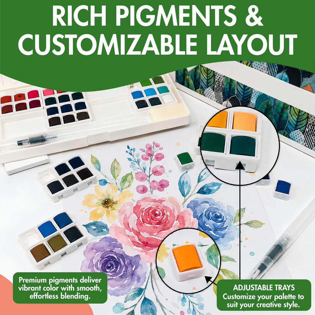 GenCrafts 48 Color Watercolor Paint Set w/ 15-Sheet Paper Pad & 2 Brush Pens