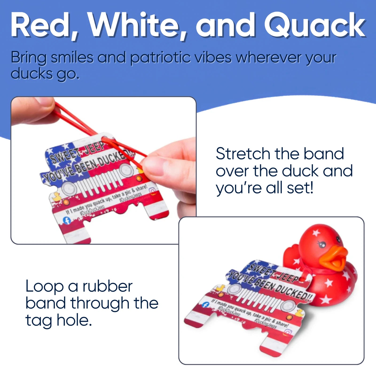 Patriotic Jeep Ducking Kit 75pc Rubber Ducks Tags Bands w/ App Happy Duckers Set