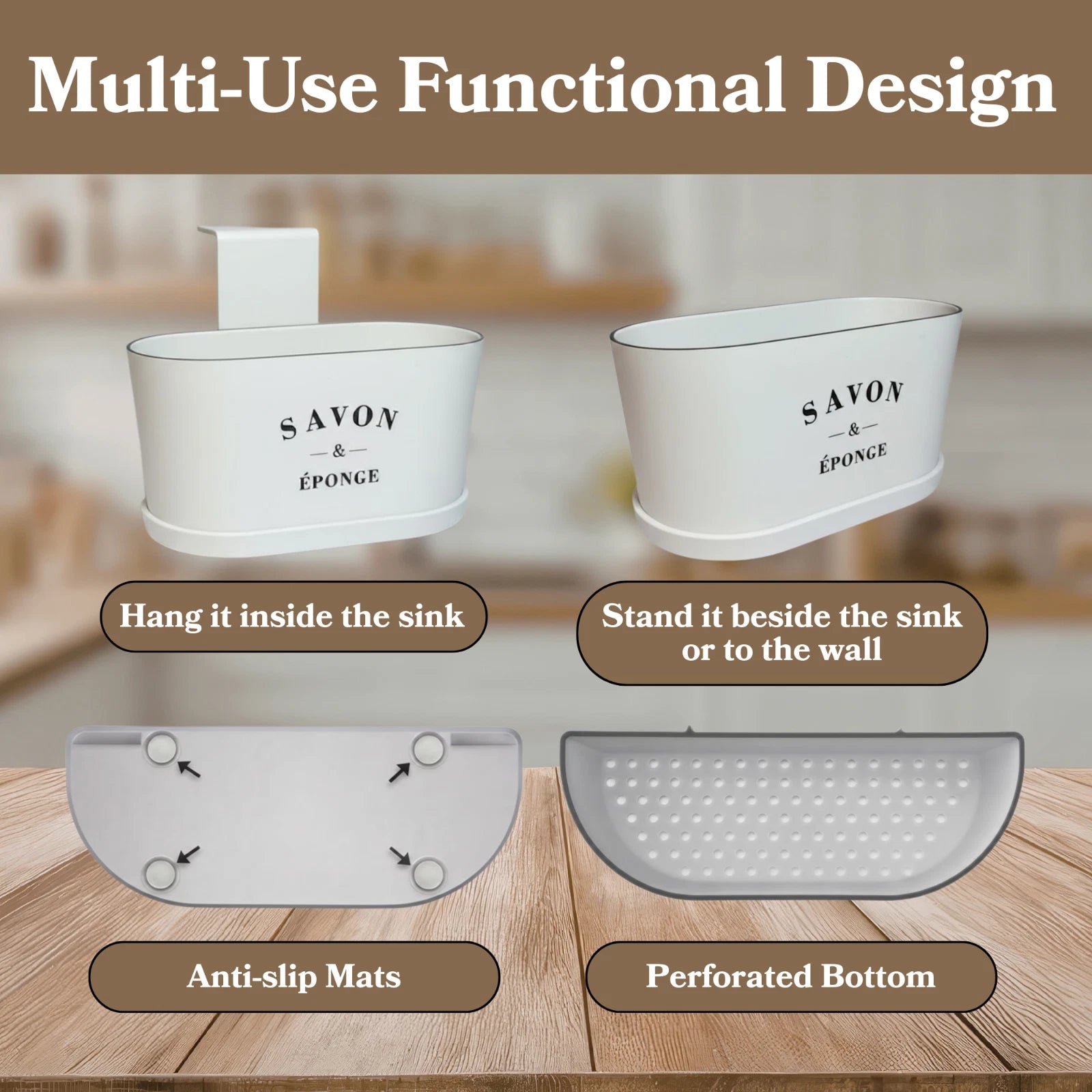 Kitchen Sink Organizer Caddy Sponge Holder w/ Drain Tray & Suction Cups