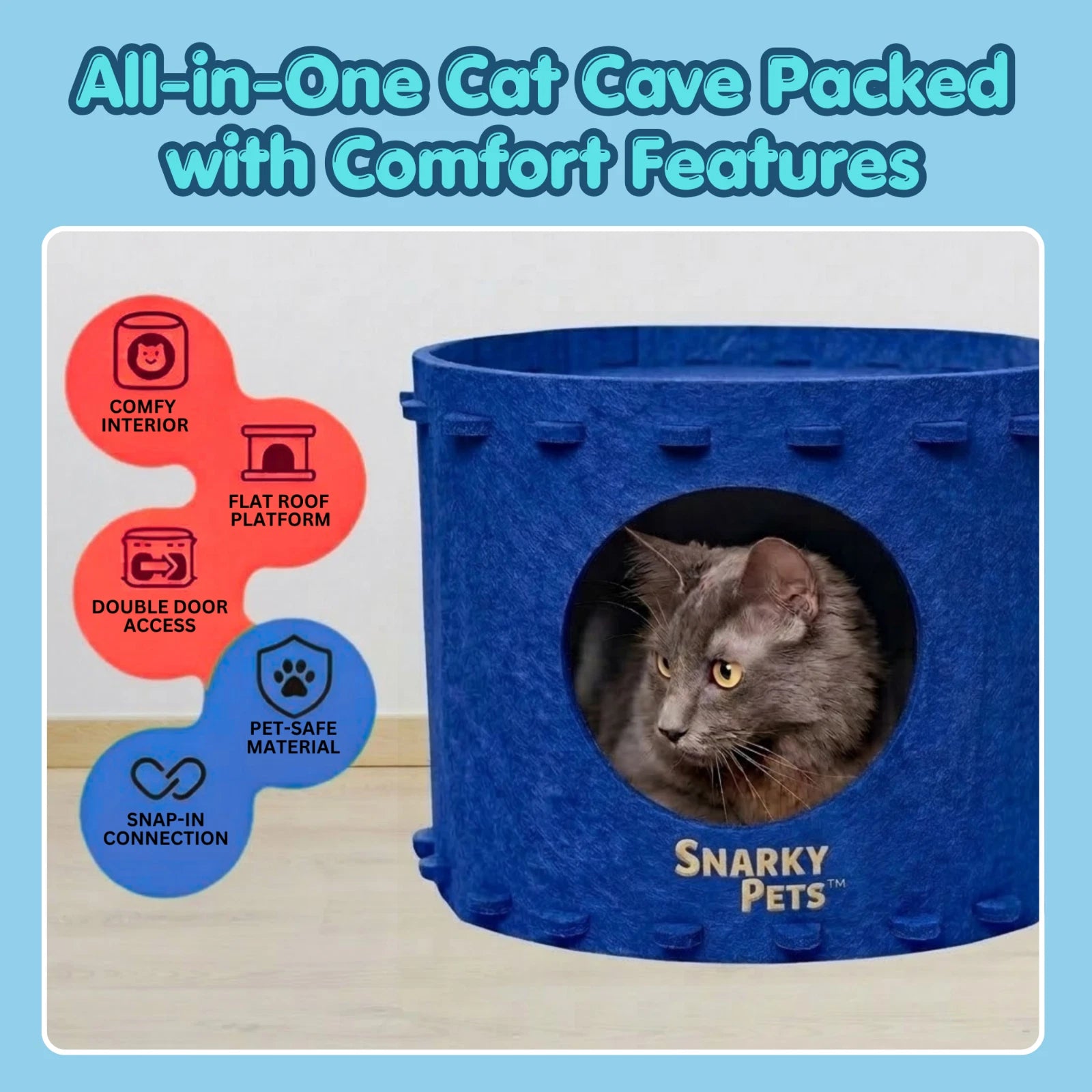 Felt Cat Cave Bed Cozy Cat Hideaway Large Cats Soft Warm Pet Bed Durable - Blue