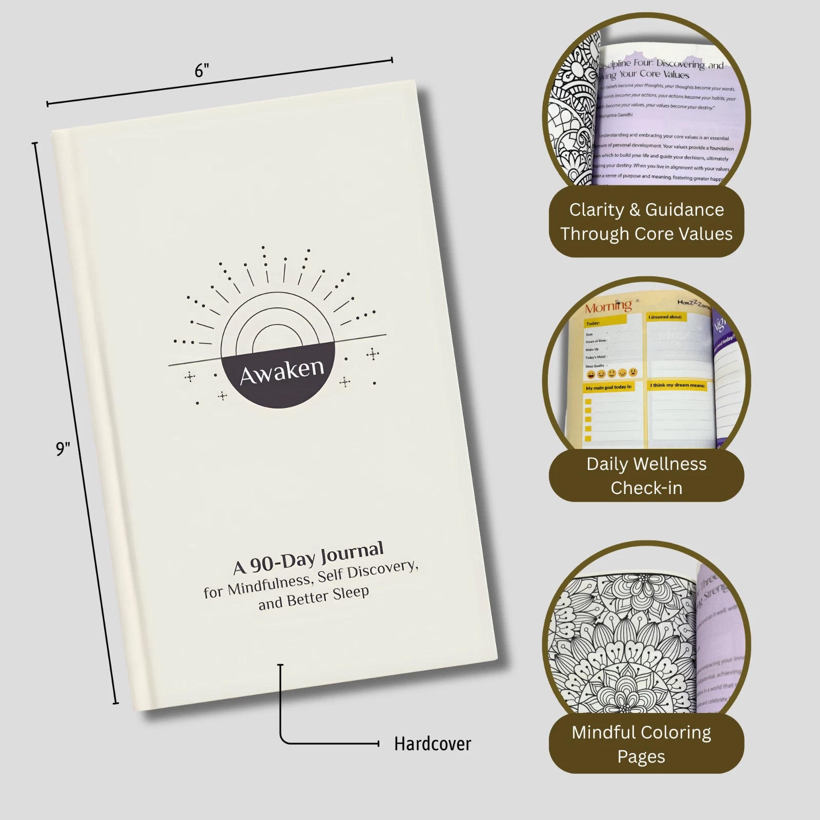Awaken: A 90-Day Journal for Mindfulness, Self Discovery, & Better Sleep HRDCVR