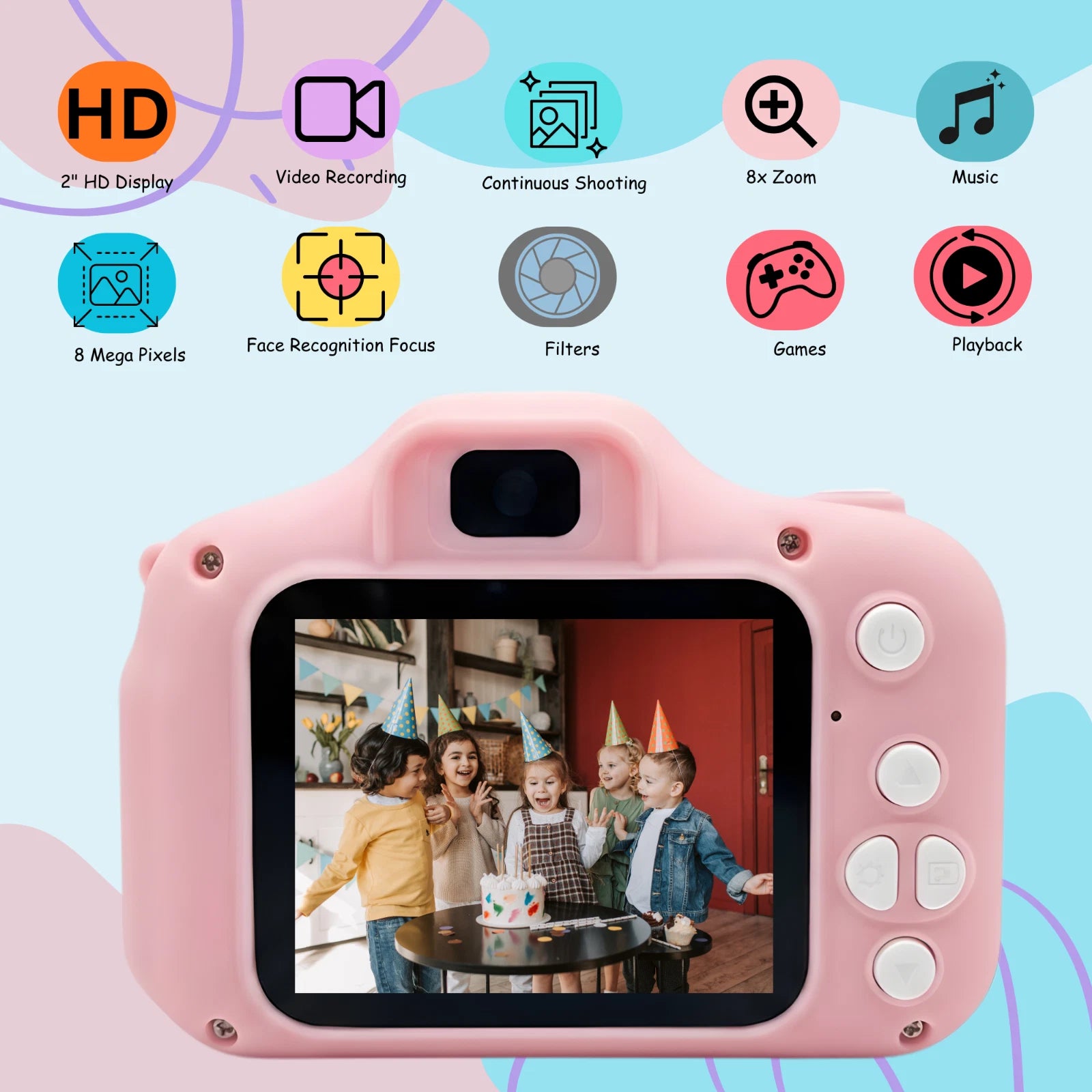 Kids HD Digital Camera Mini Video Recorder 8x Zoom with Games 32gb SD Card -Pink