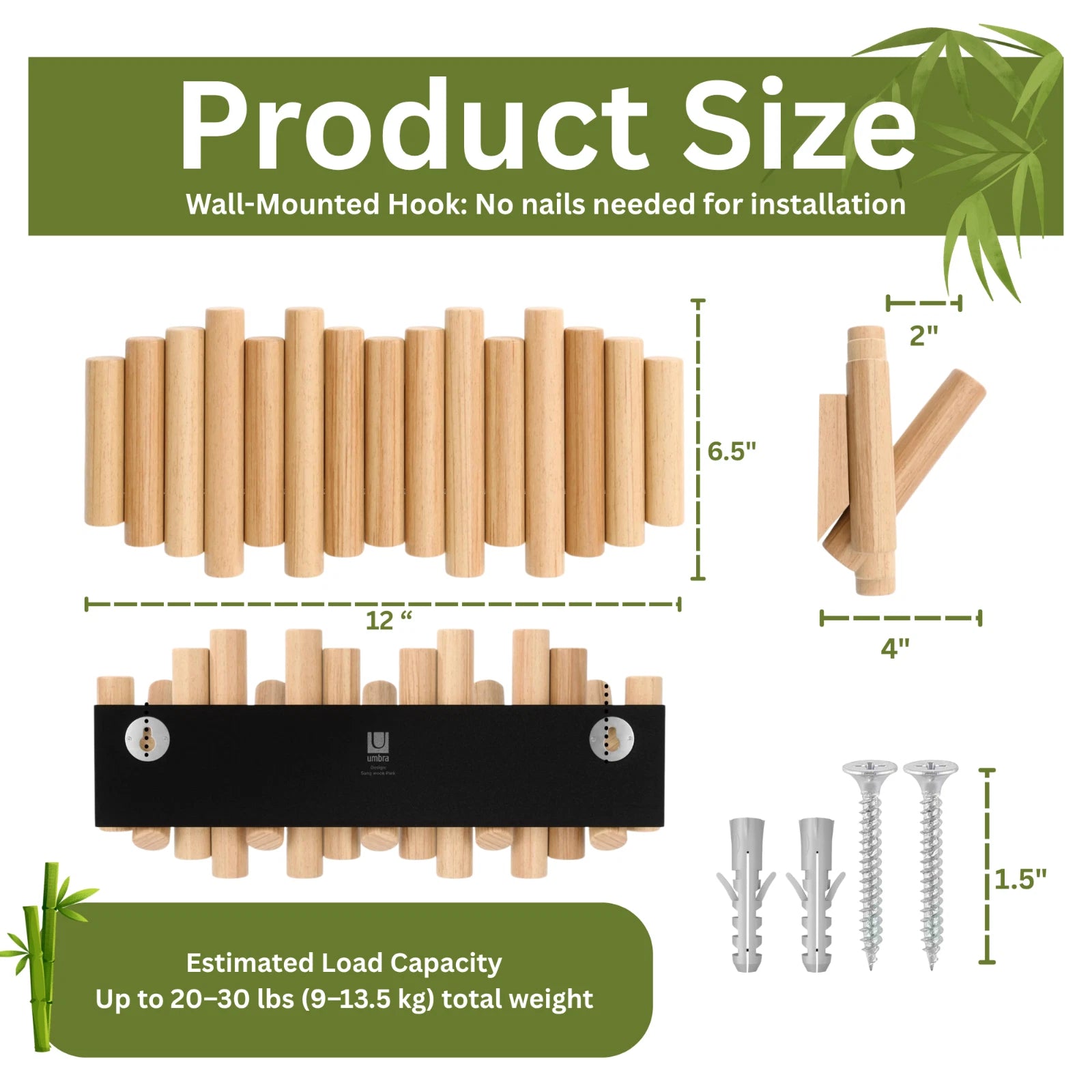 Bamboo Wall Hanging Rack Natural Wooden Pegs Hook Organizer for Hats Coat Towels