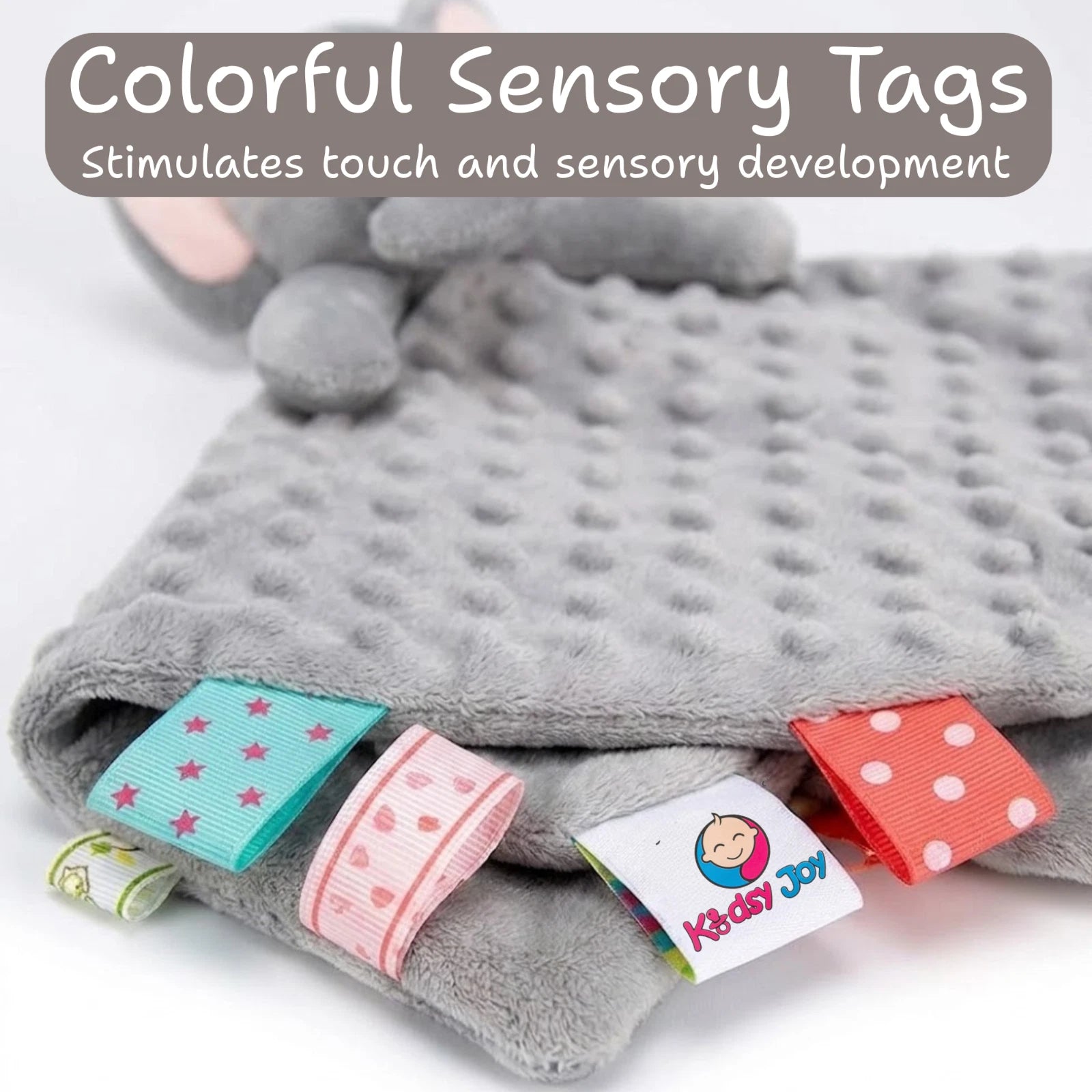 Kidsy Joy Soother Lovey 14” Ultra Soft Plush Blanket w/ Sensory Tags - Elephant