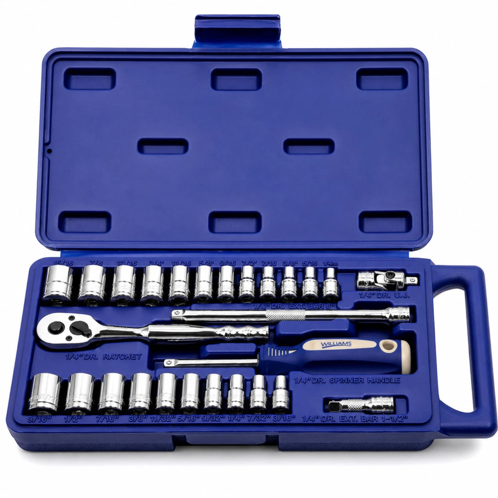 Williams 27Pc 1/4" Drive Socket & Ratchet Tool Set SAE/Metric Chrome Sockets
