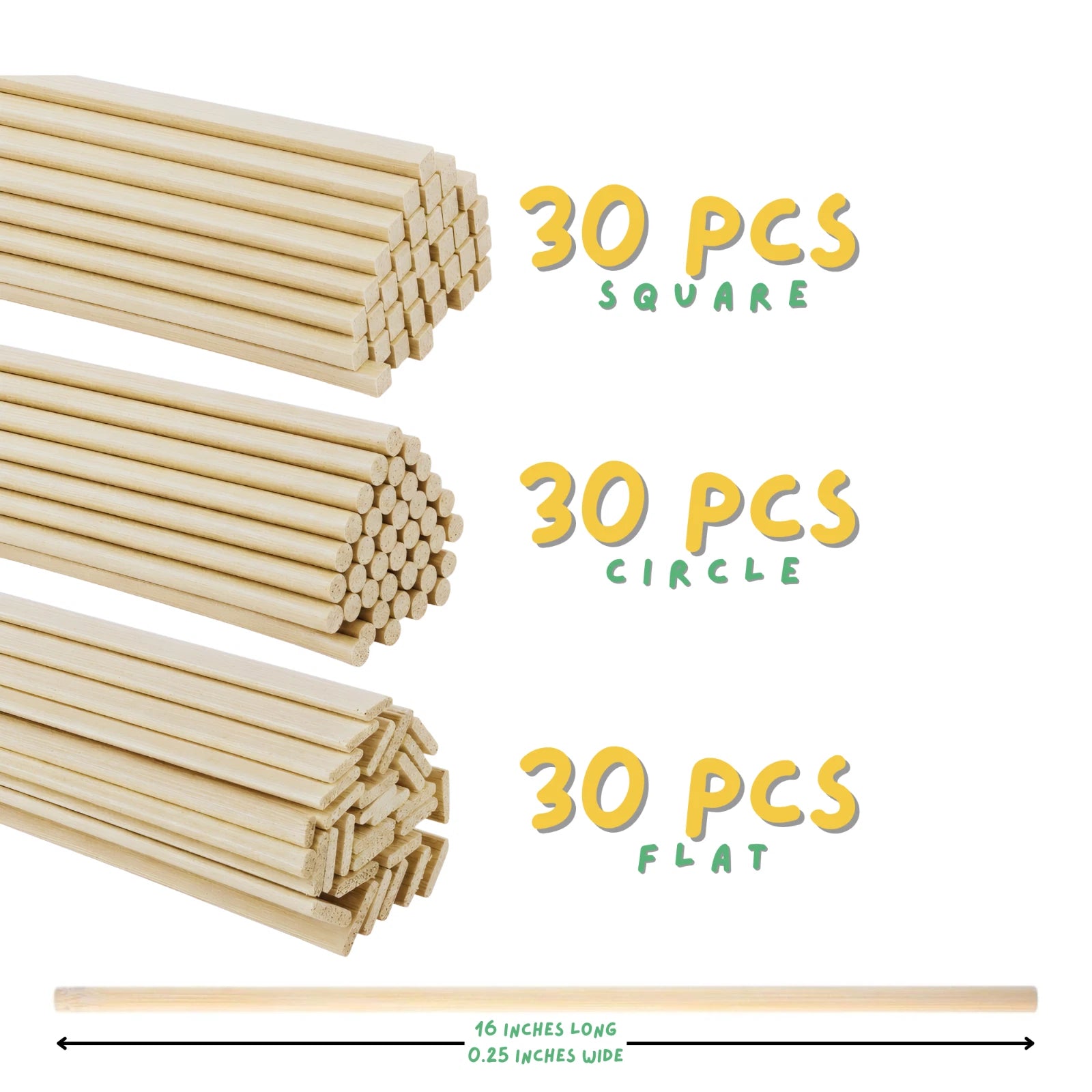 90PCS Bamboo Craft Sticks 16” – Round, Square, Flat Shapes Natural Eco DIY Wood