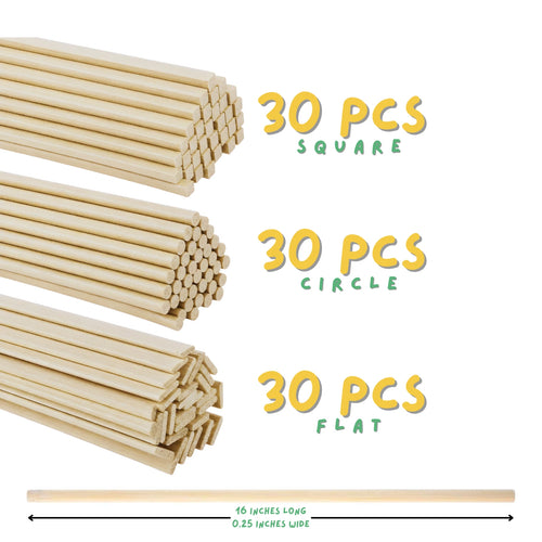 90PCS Bamboo Craft Sticks 16” – Round, Square, Flat Shapes Natural Eco DIY Wood