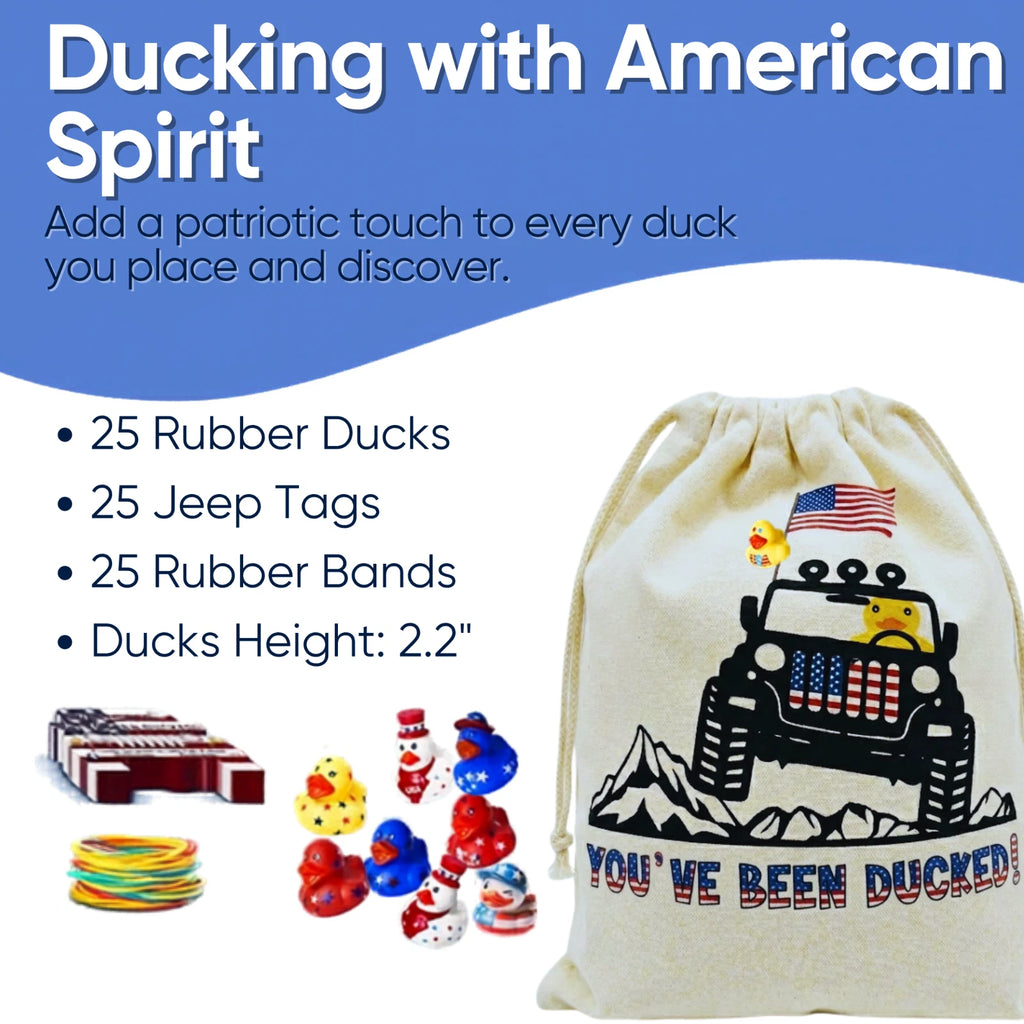 Patriotic Jeep Ducking Kit 75pc Rubber Ducks Tags Bands w/ App Happy Duckers Set