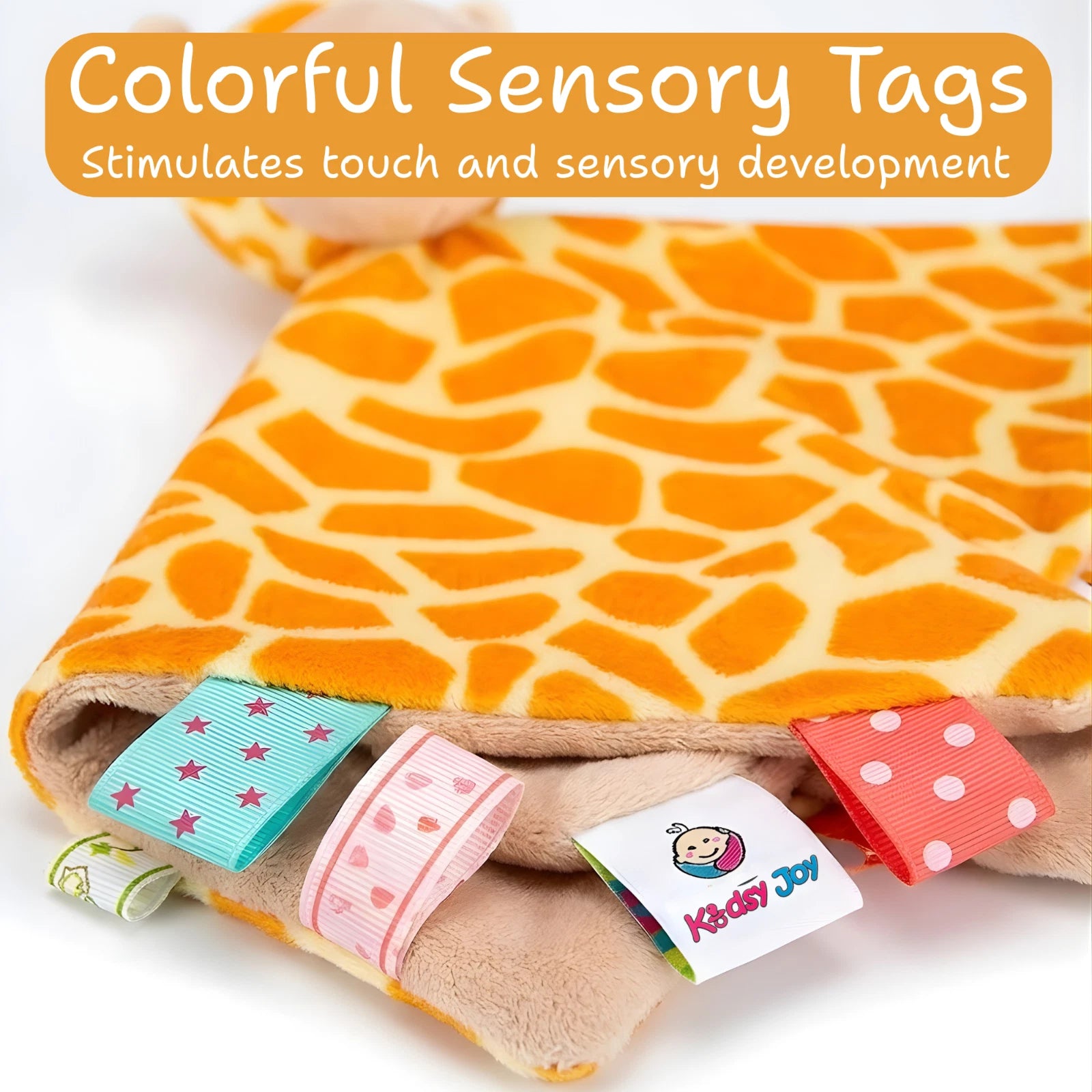 Kidsy Joy Soother Lovey 14” Ultra Soft Plush Blanket w/ Sensory Tags - Giraffe