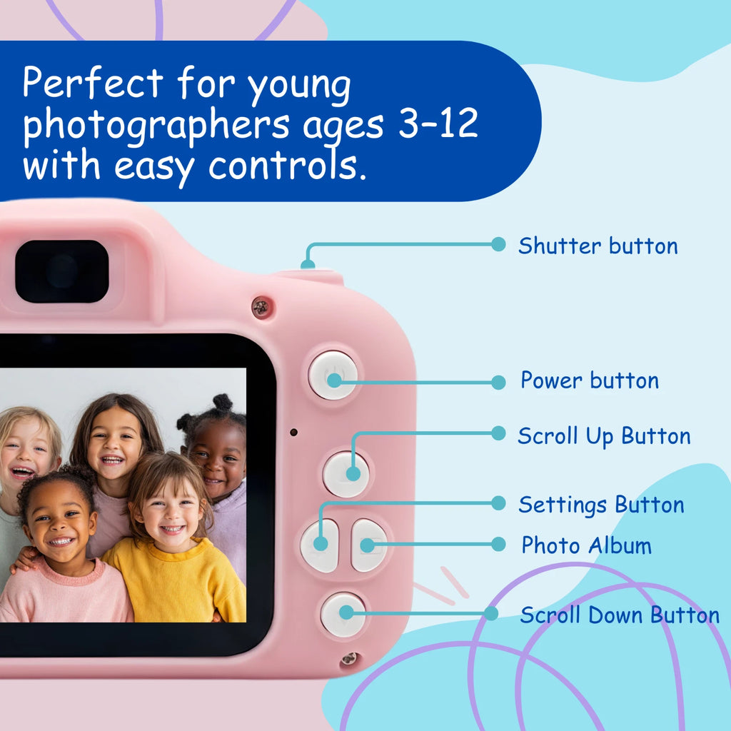 Kids HD Digital Camera Mini Video Recorder 8x Zoom with Games 32gb SD Card -Pink