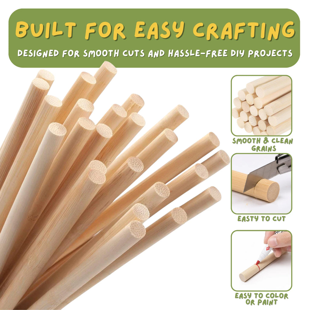 90PCS Bamboo Craft Sticks 16” – Round, Square, Flat Shapes Natural Eco DIY Wood