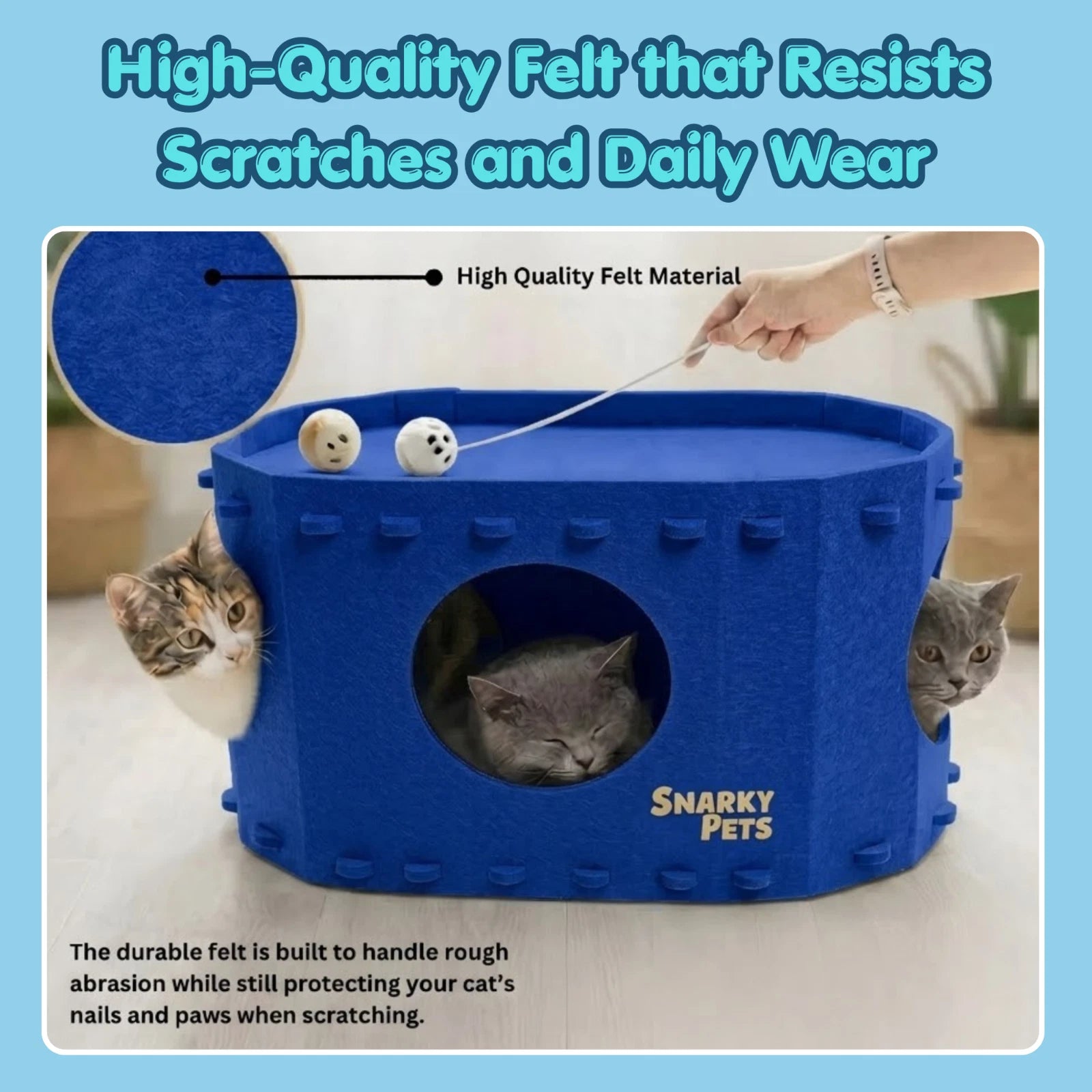 Felt Cat Cave Bed Cozy Cat Hideaway Large Cats Soft Warm Pet Bed Durable - Blue