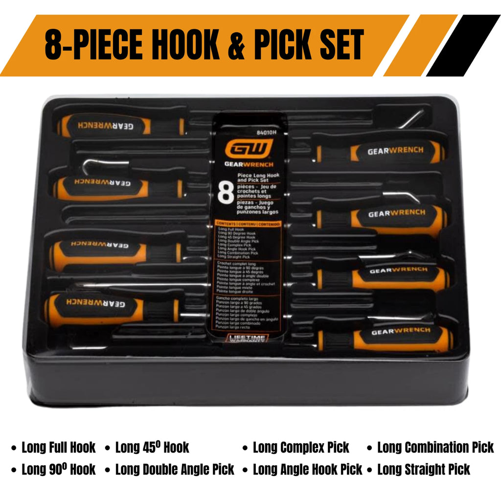 GEARWRENCH 84010H 8 Pc Long Hook & Pick Set Precision Automotive Tool Kit