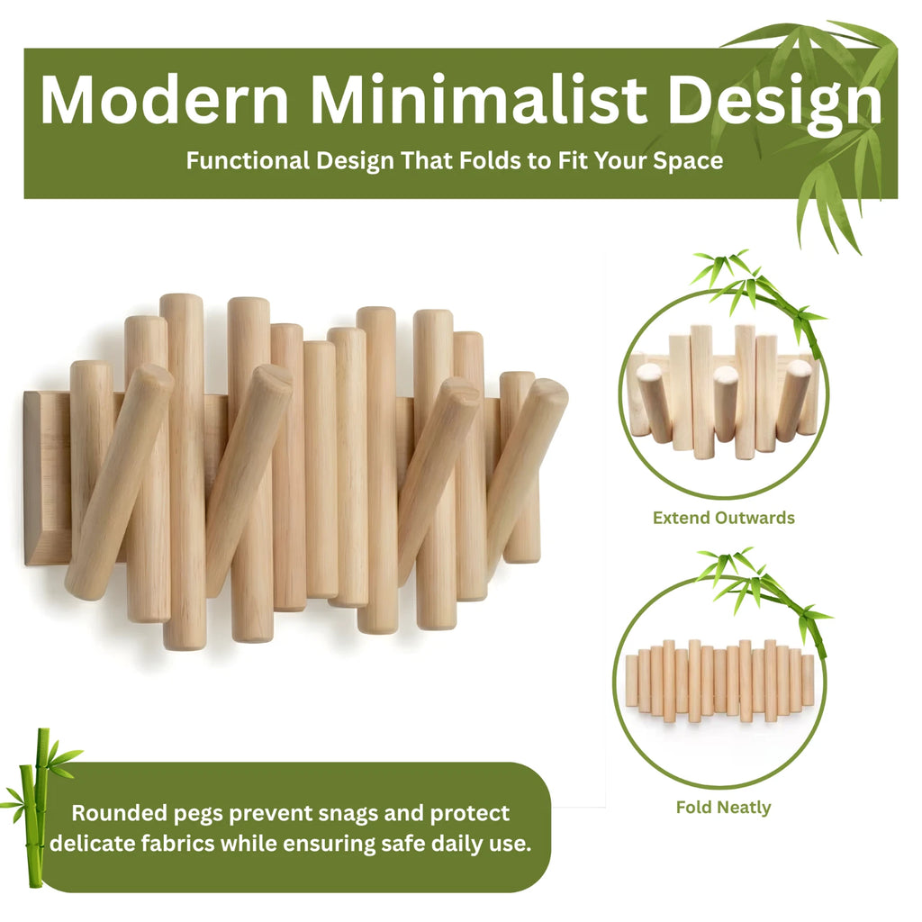 Bamboo Wall Hanging Rack Natural Wooden Pegs Hook Organizer for Hats Coat Towels