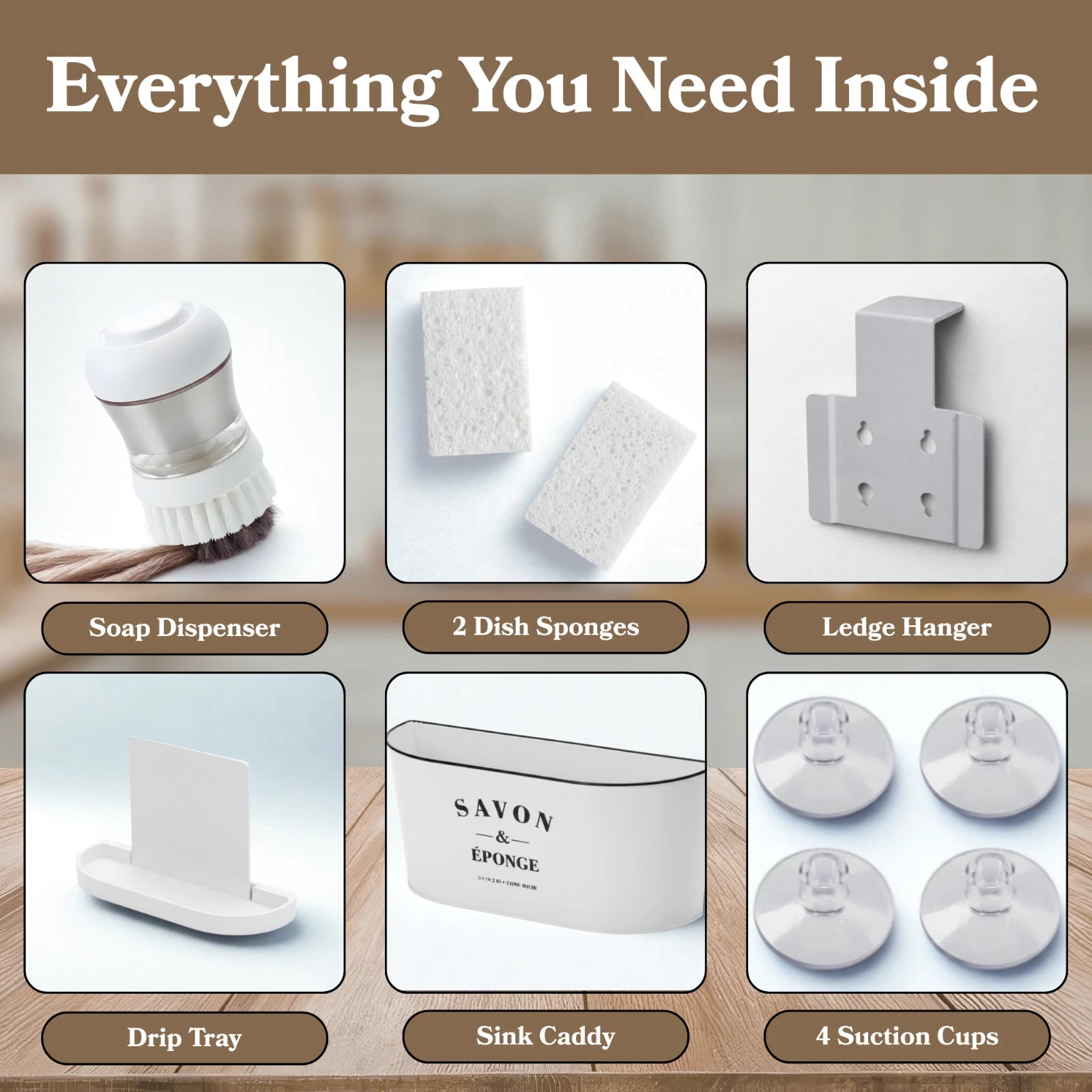 Kitchen Sink Organizer Caddy Sponge Holder w/ Drain Tray & Suction Cups