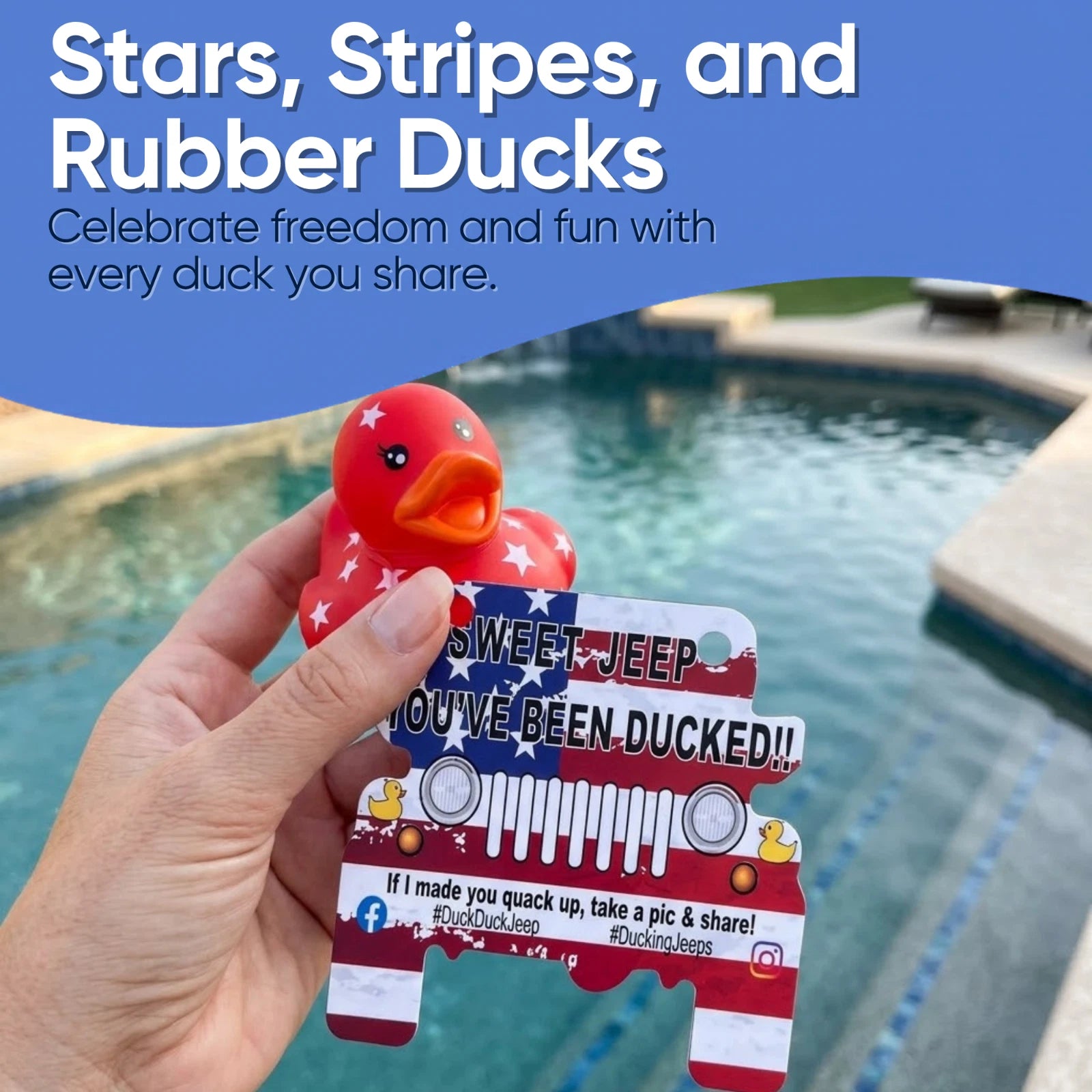Patriotic Jeep Ducking Kit 75pc Rubber Ducks Tags Bands w/ App Happy Duckers Set