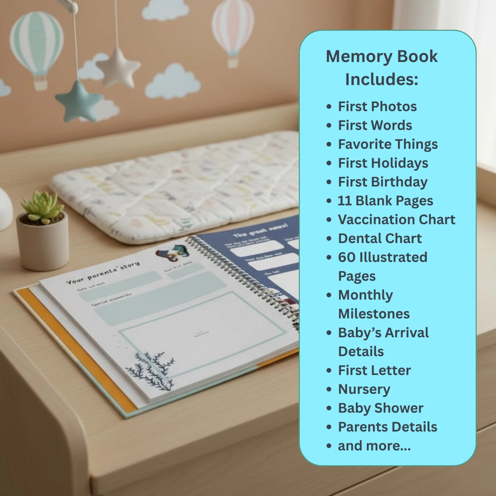Baby Memory Book, First-Year Baby Milestone Journal, Ocean Theme - 60 Pages