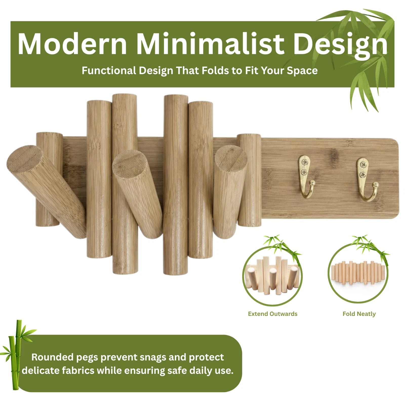 Bamboo Wall Hanging Rack Wooden Pegs Hook Organizer for Hats Coat Towels