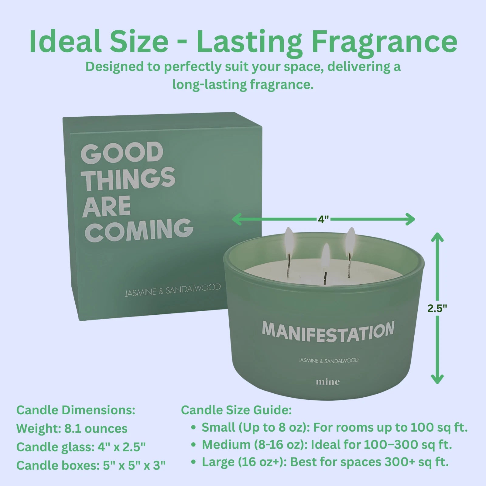 Scented Soy Candle Jasmine & Sandalwood Scent 3 Wick Light Green 50Hr Burn