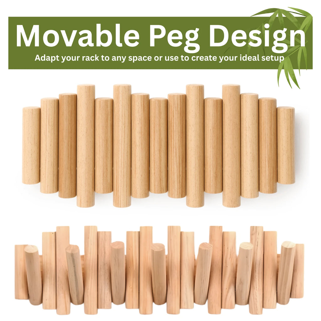 Bamboo Wall Hanging Rack Natural Wooden Pegs Hook Organizer for Hats Coat Towels