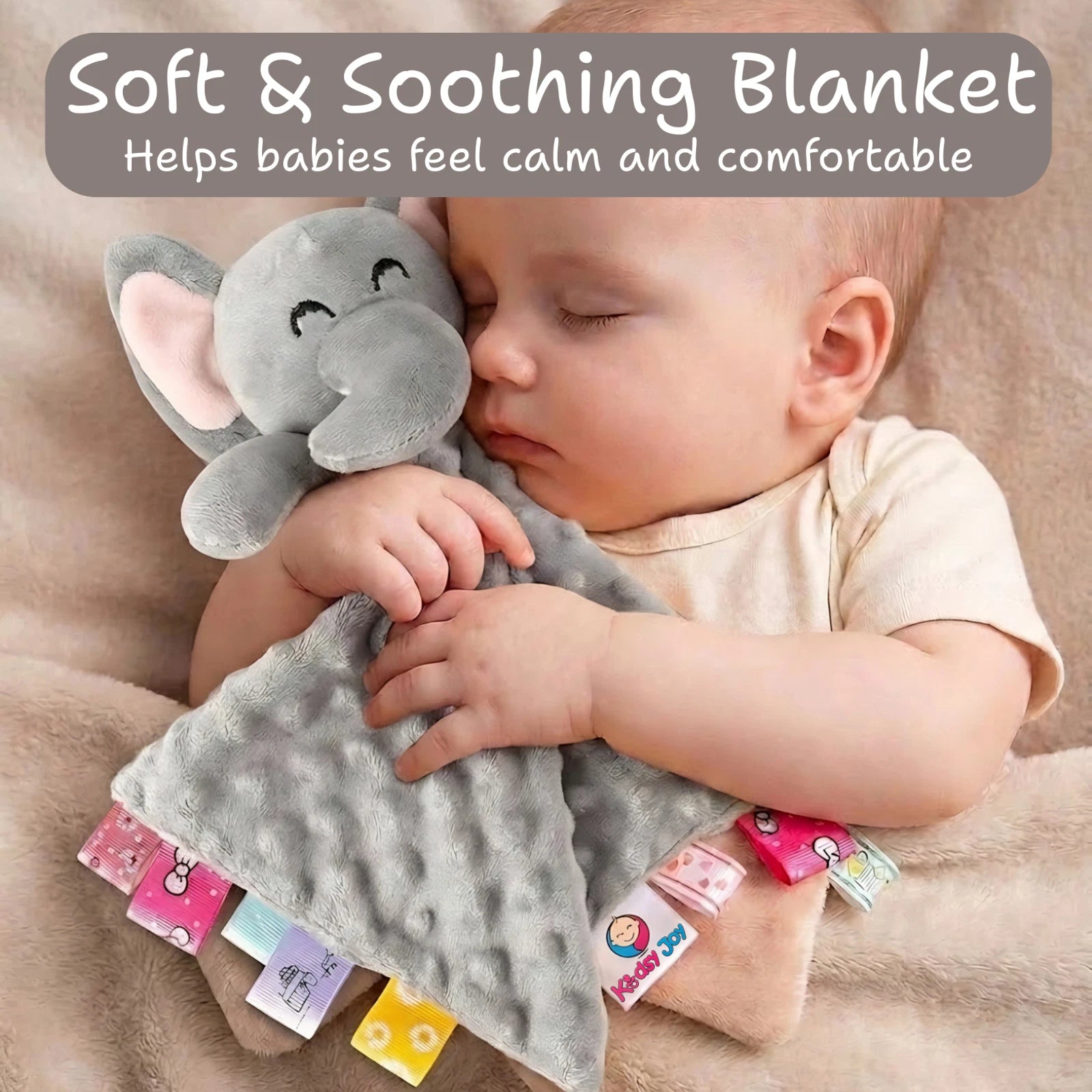 Kidsy Joy Soother Lovey 14” Ultra Soft Plush Blanket w/ Sensory Tags - Elephant
