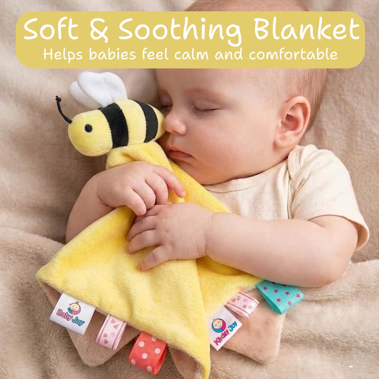 Kidsy Joy Soother Lovey 14” Ultra Soft Plush Blanket w/ Sensory Tags - Bee