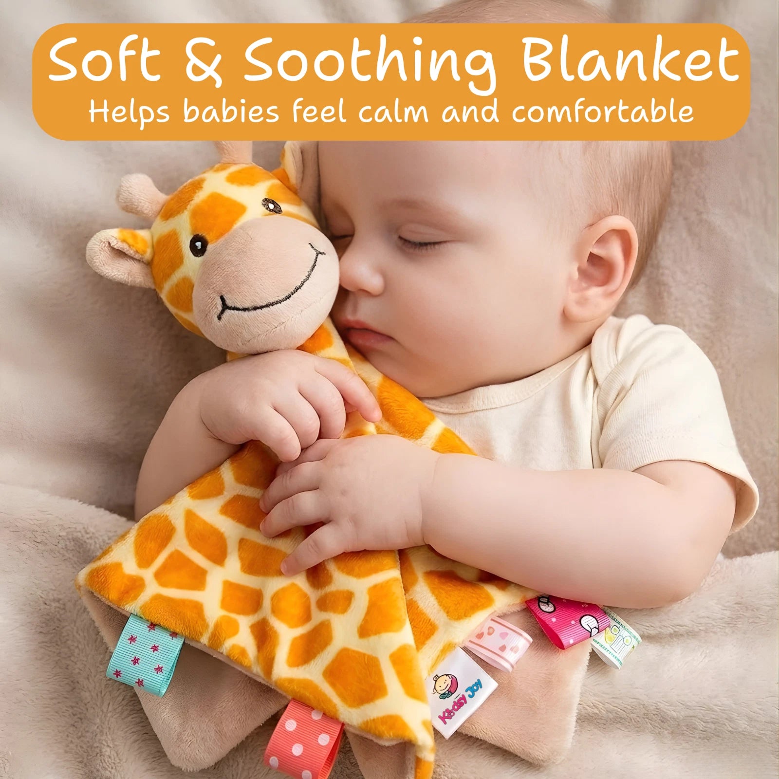 Kidsy Joy Soother Lovey 14” Ultra Soft Plush Blanket w/ Sensory Tags - Giraffe