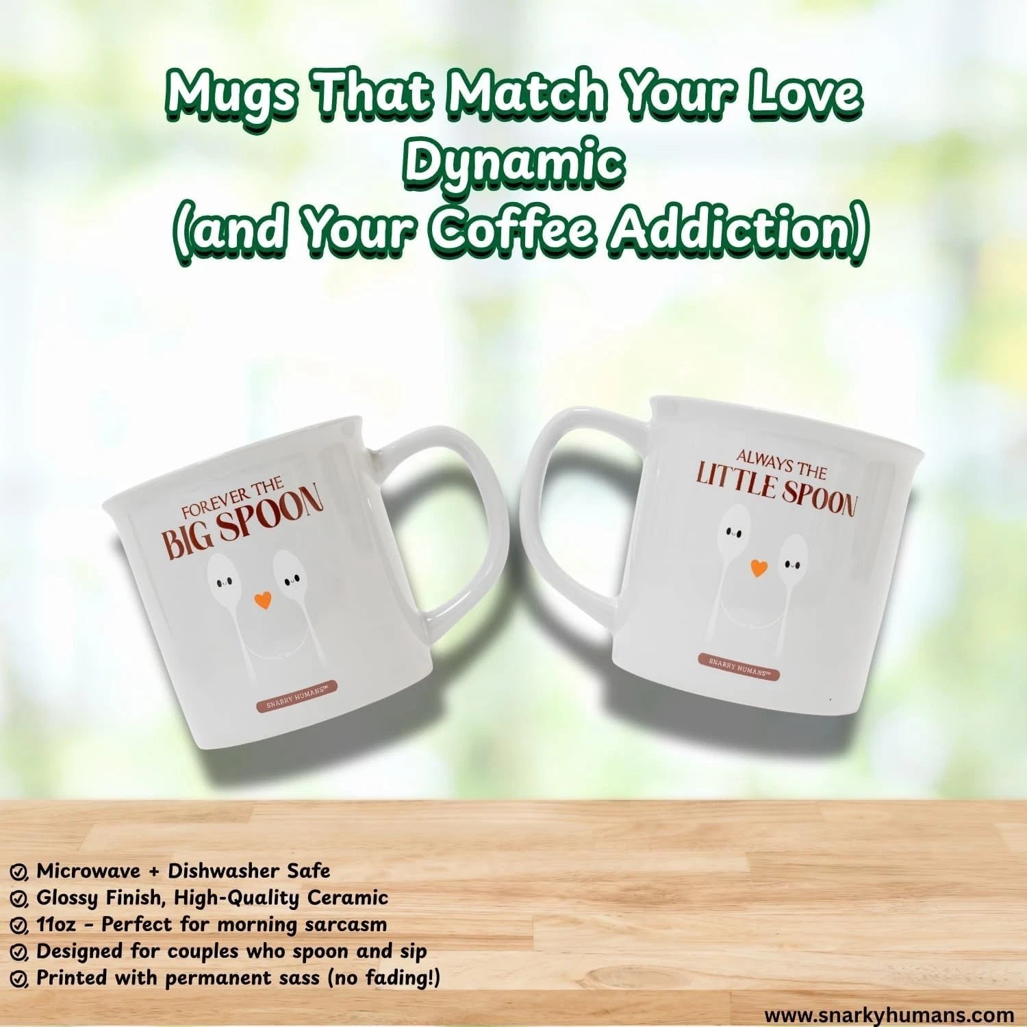 Big and Little Spoon Coffee Mug Set, 11 oz, Gray Ceramic, Couples Gift