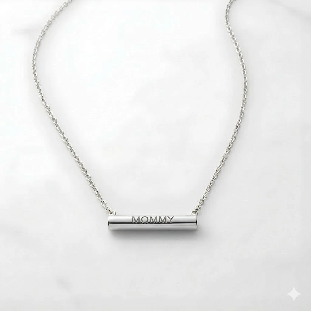 Stella Valle Mommy Necklace Adjustable Rhodium Plated Heart Bar Shape