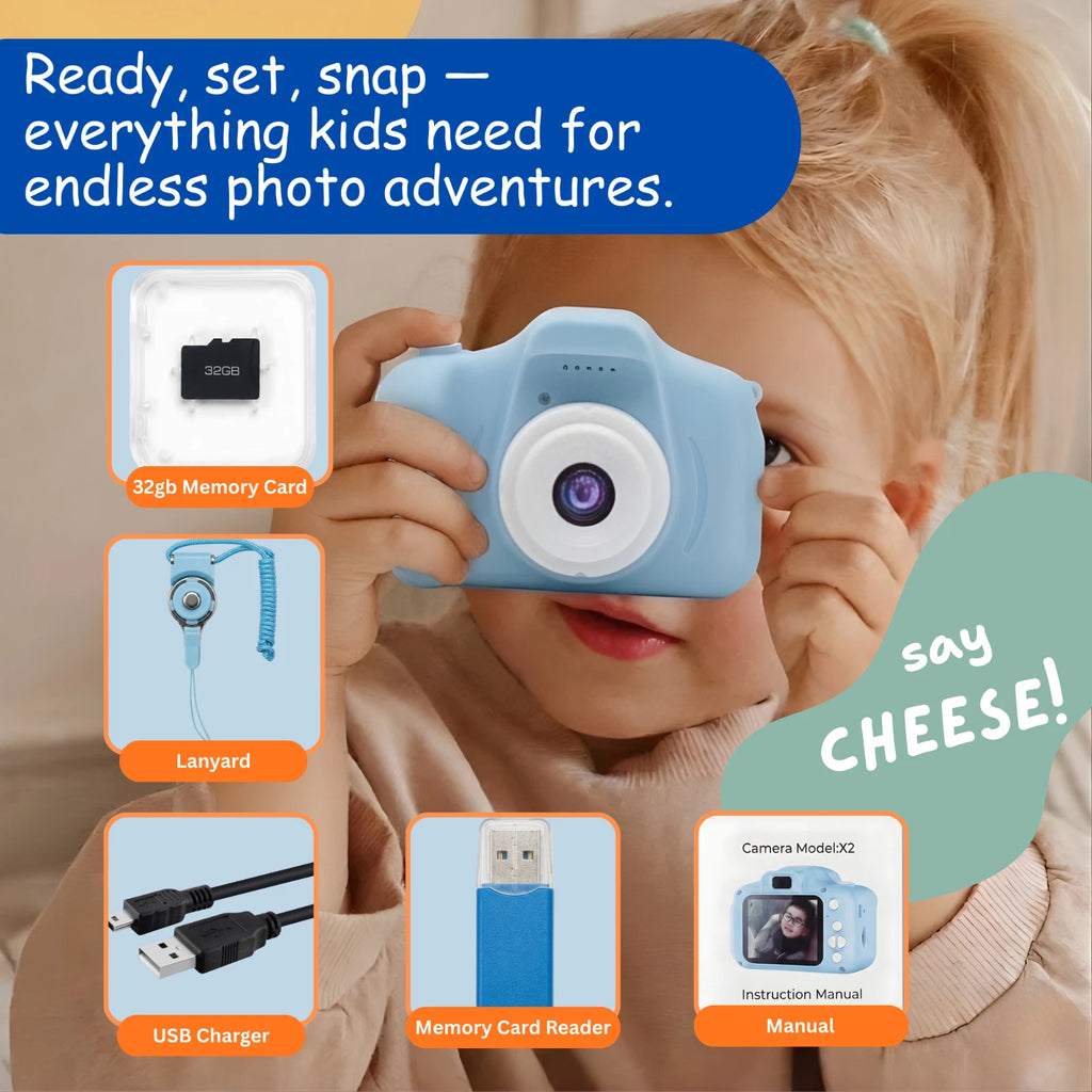 Kids HD Digital Camera Mini Video Recorder 8x Zoom with Games 32gb SD Card -Blue