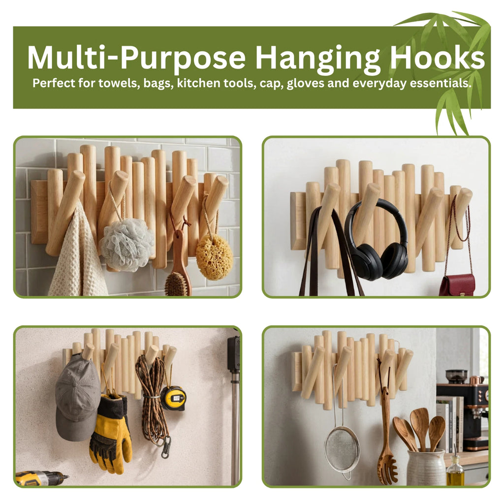 Bamboo Wall Hanging Rack Natural Wooden Pegs Hook Organizer for Hats Coat Towels