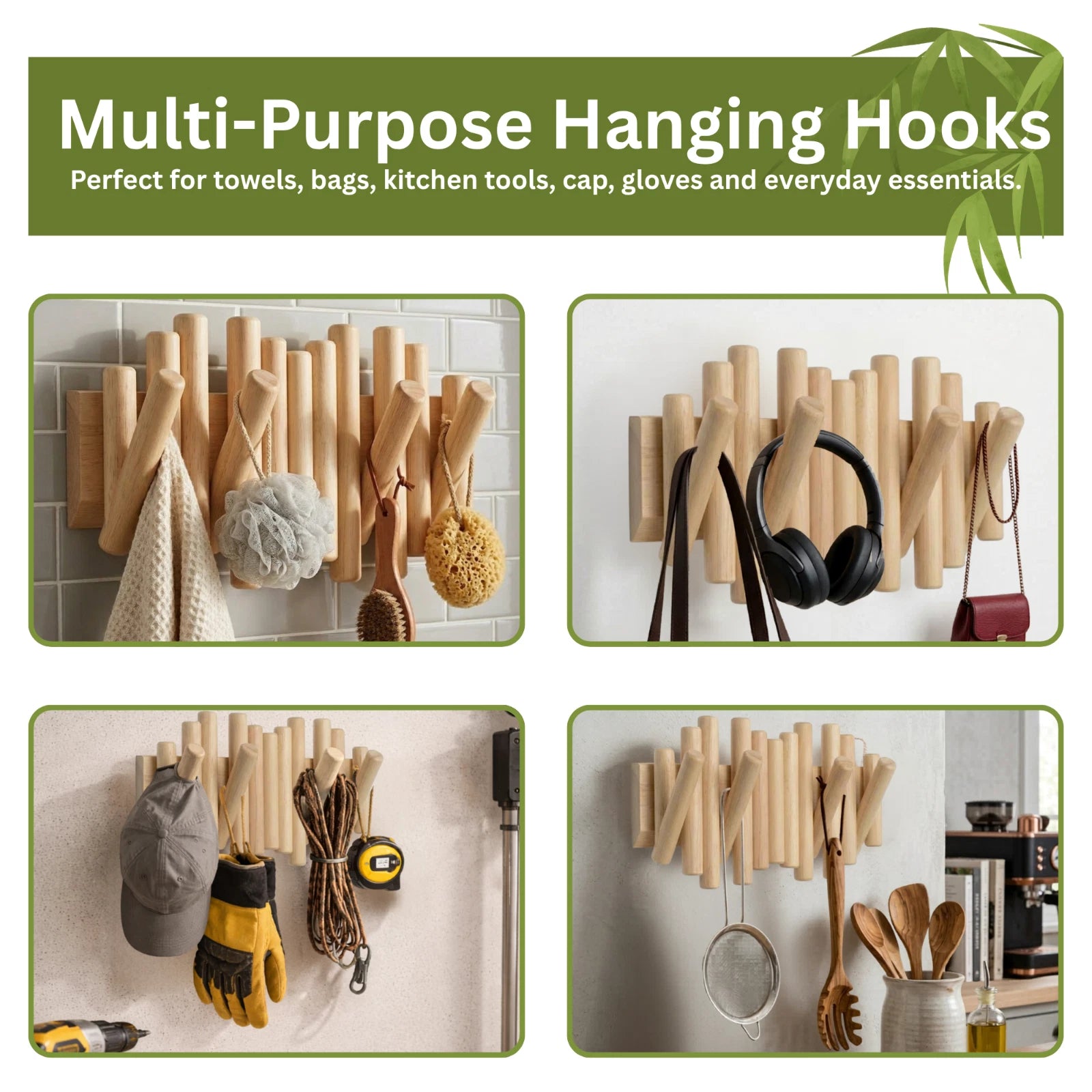 Bamboo Wall Hanging Rack Natural Wooden Pegs Hook Organizer for Hats Coat Towels