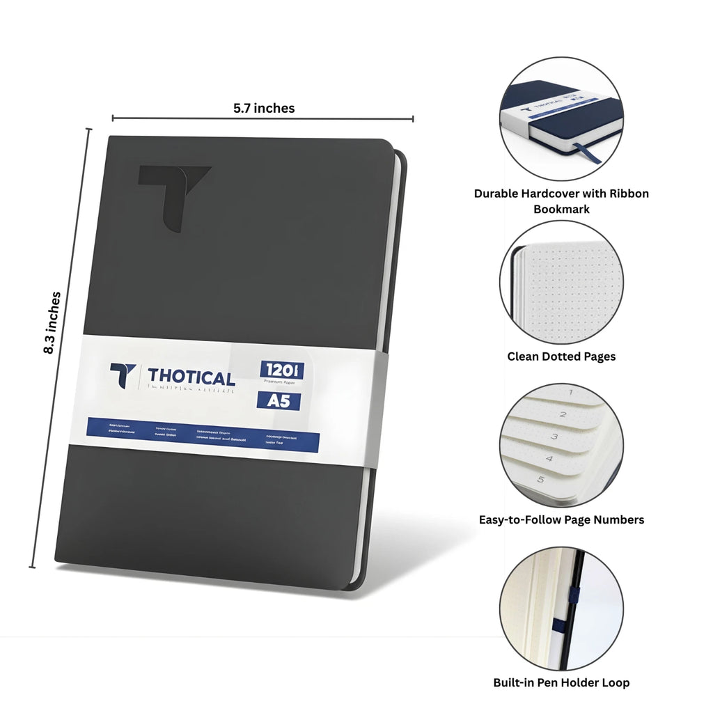 Thotical A5 Dot Grid Journal Hard Cover, Dark Gray - 192 Pages