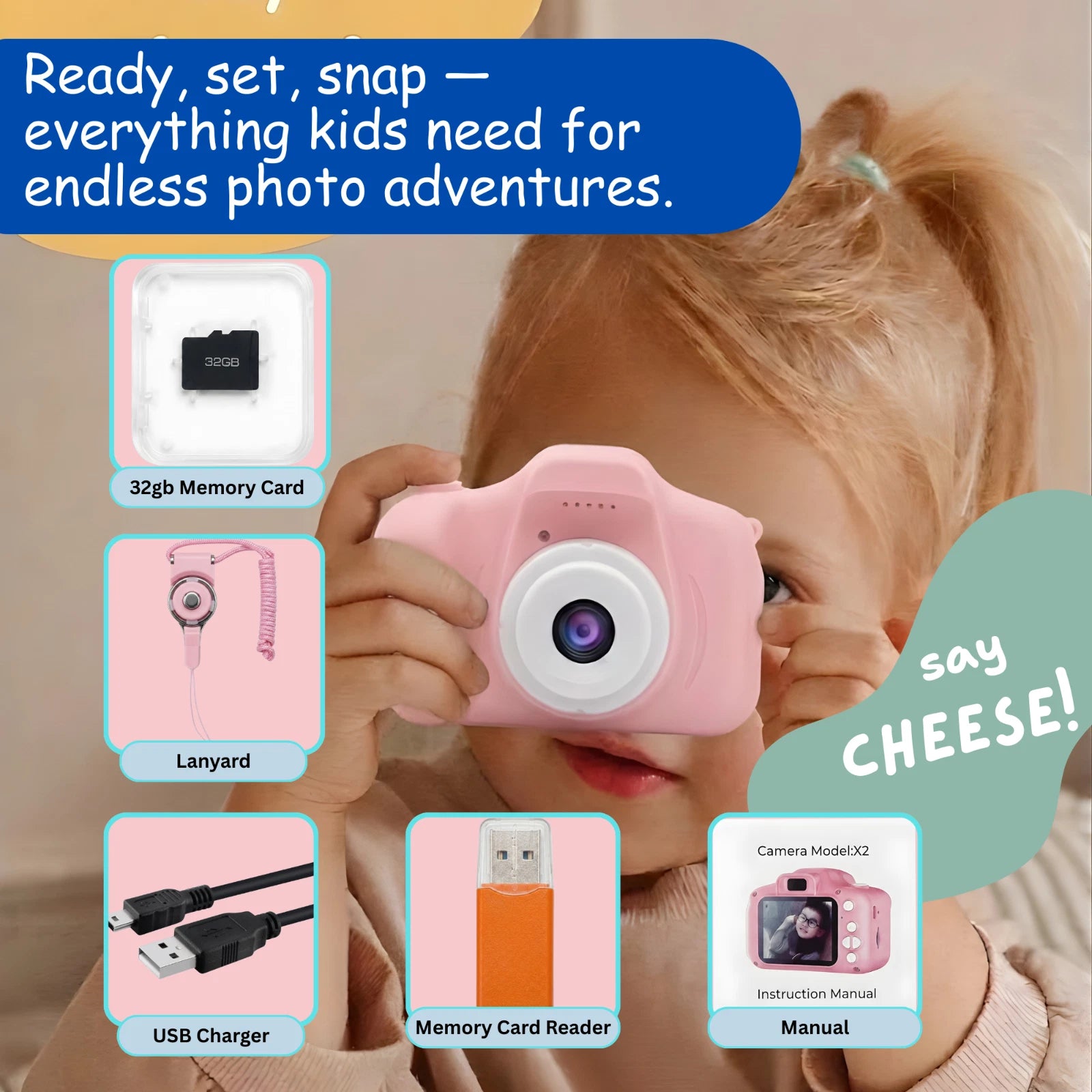 Kids HD Digital Camera Mini Video Recorder 8x Zoom with Games 32gb SD Card -Pink