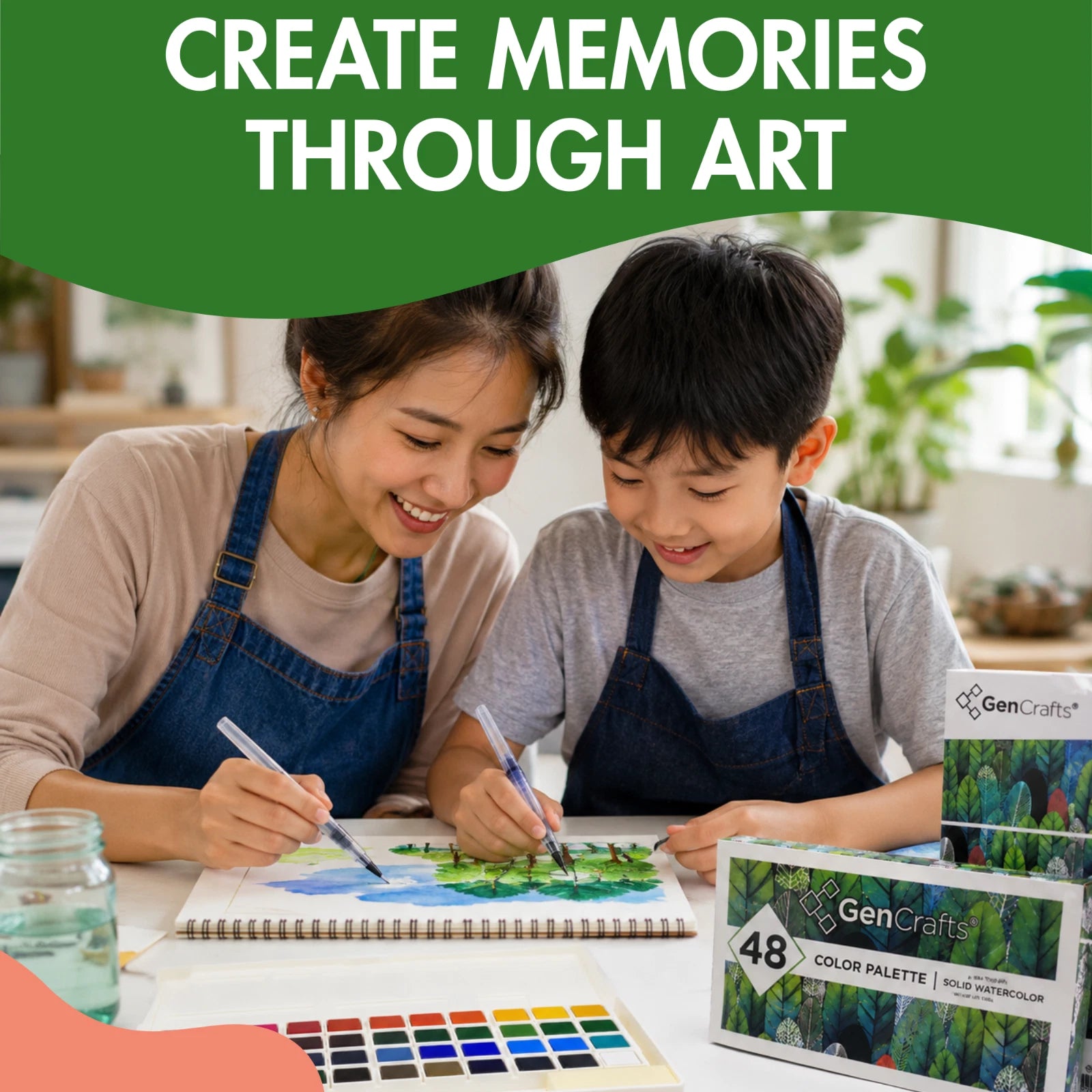 GenCrafts 48 Color Watercolor Paint Set w/ 15-Sheet Paper Pad & 2 Brush Pens