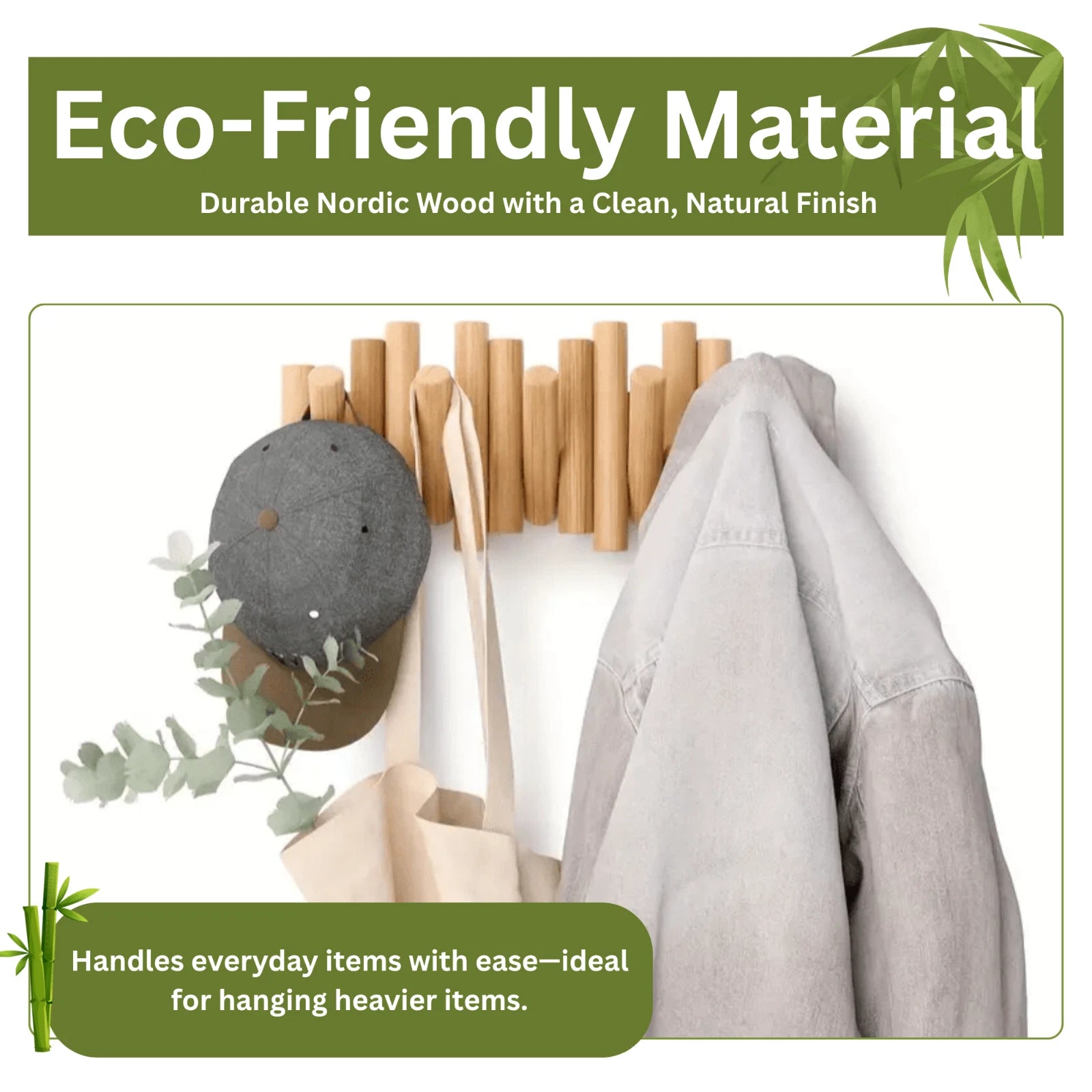 Bamboo Wall Hanging Rack Natural Wooden Pegs Hook Organizer for Hats Coat Towels
