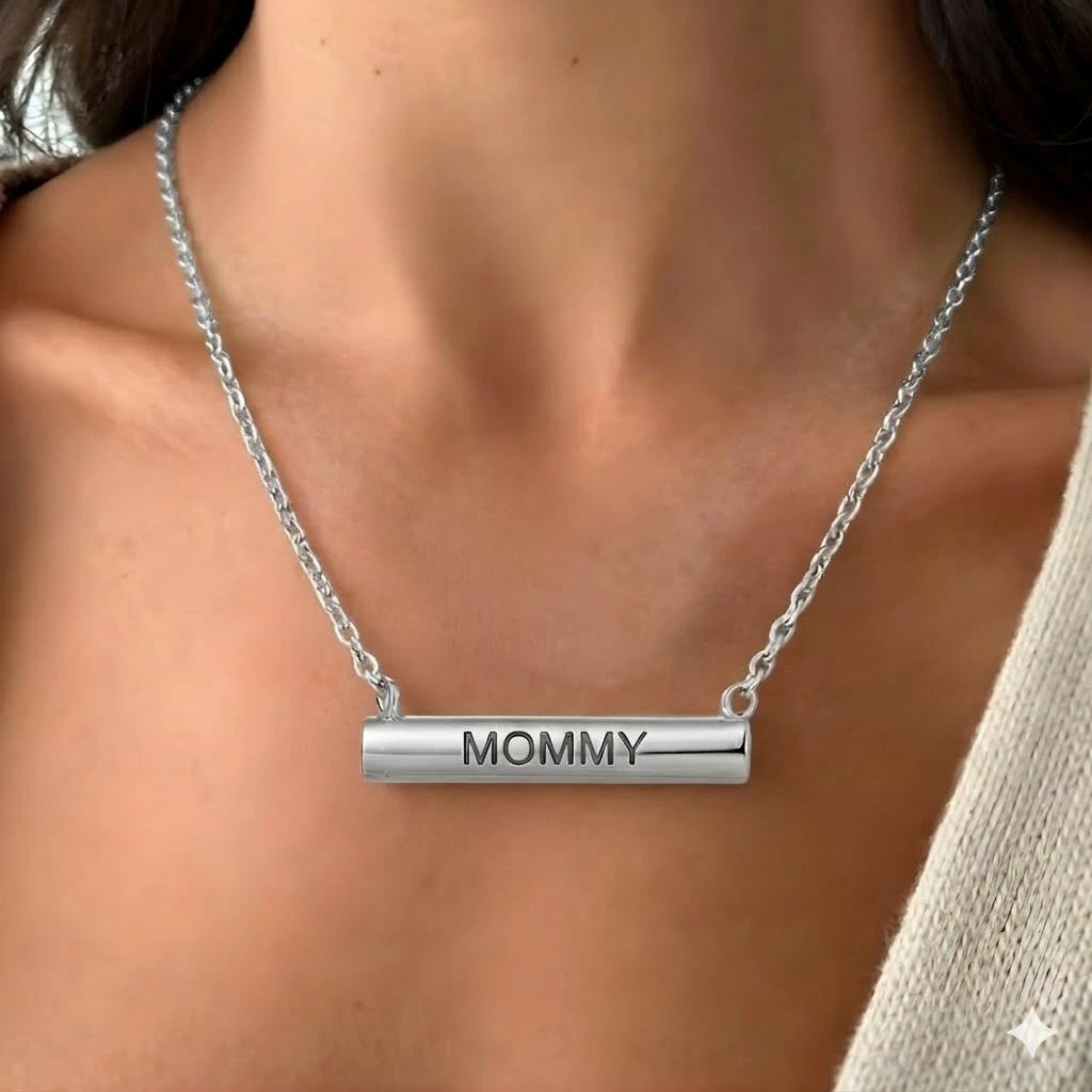 Stella Valle Mommy Necklace Adjustable Rhodium Plated Heart Bar Shape