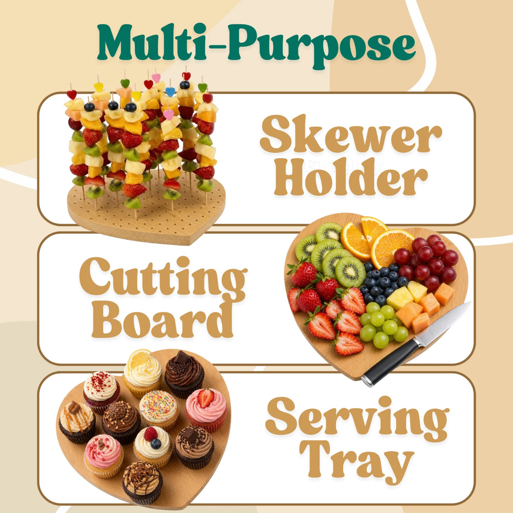 Heart Shaped Wooden Skewer Board Food Appetizer Holder Stand w/ 59 Skewers