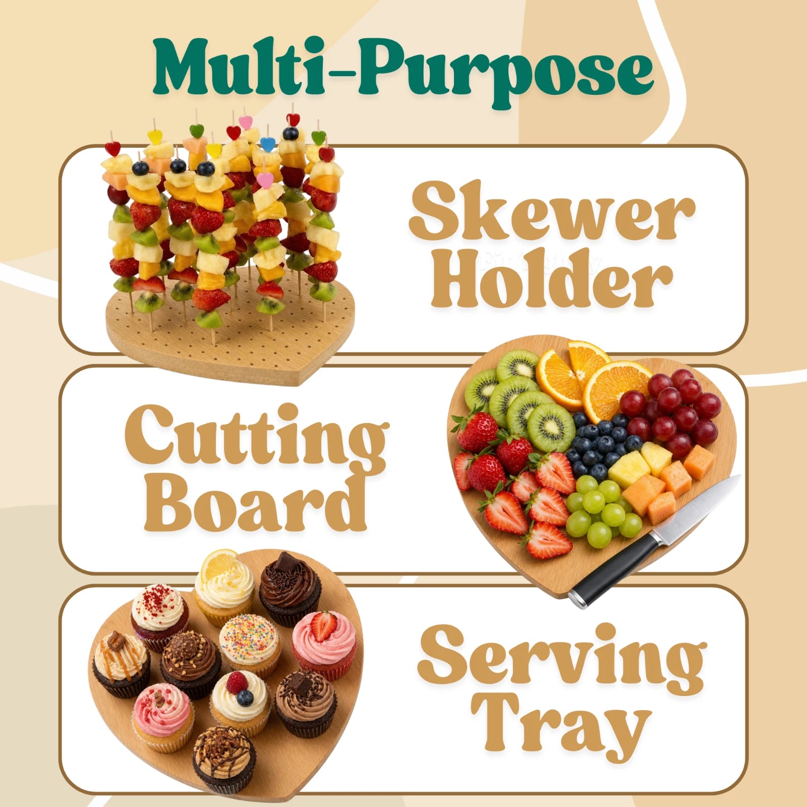 Heart Shaped Wooden Skewer Board Food Appetizer Holder Stand w/ 59 Skewers