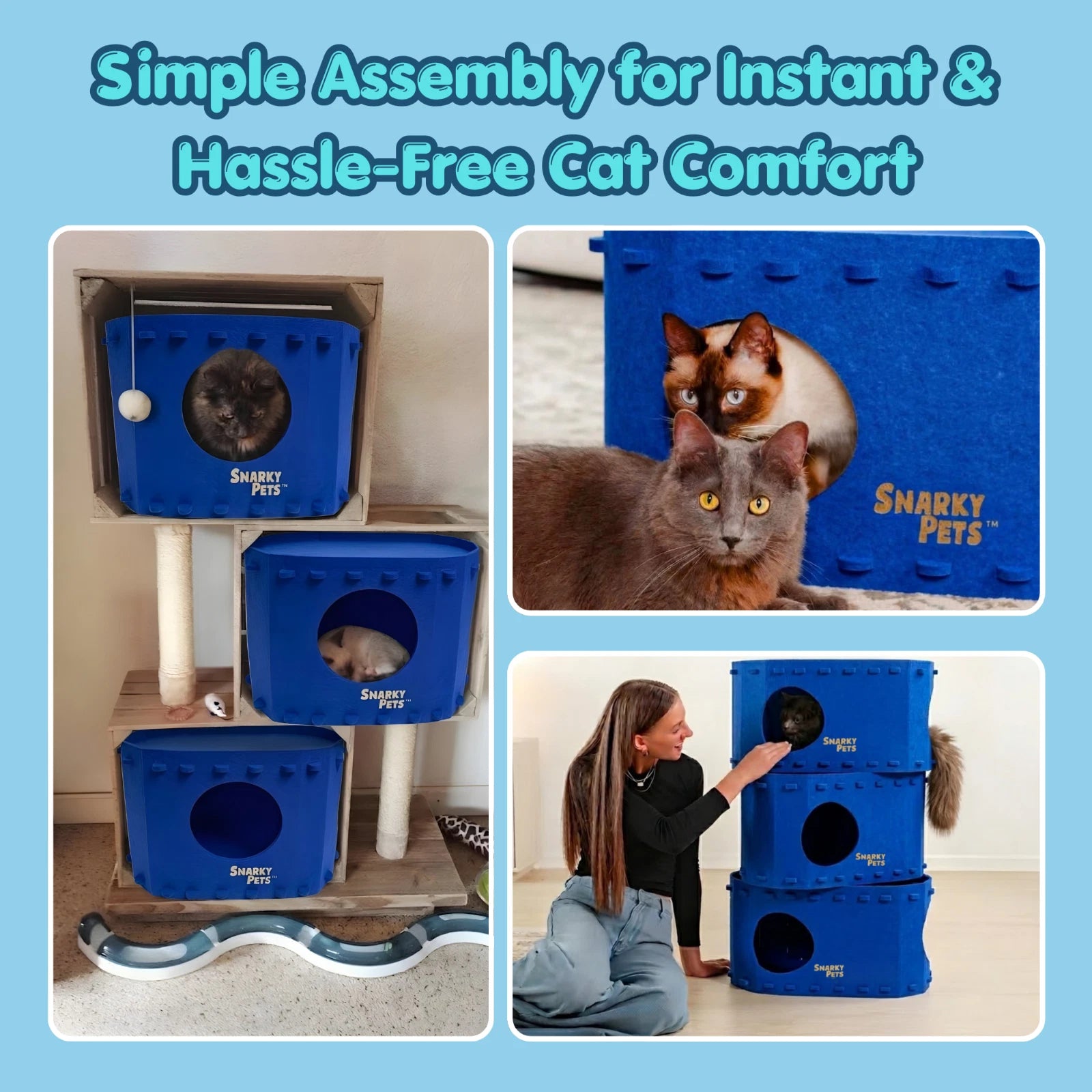 Felt Cat Cave Bed Cozy Cat Hideaway Large Cats Soft Warm Pet Bed Durable - Blue