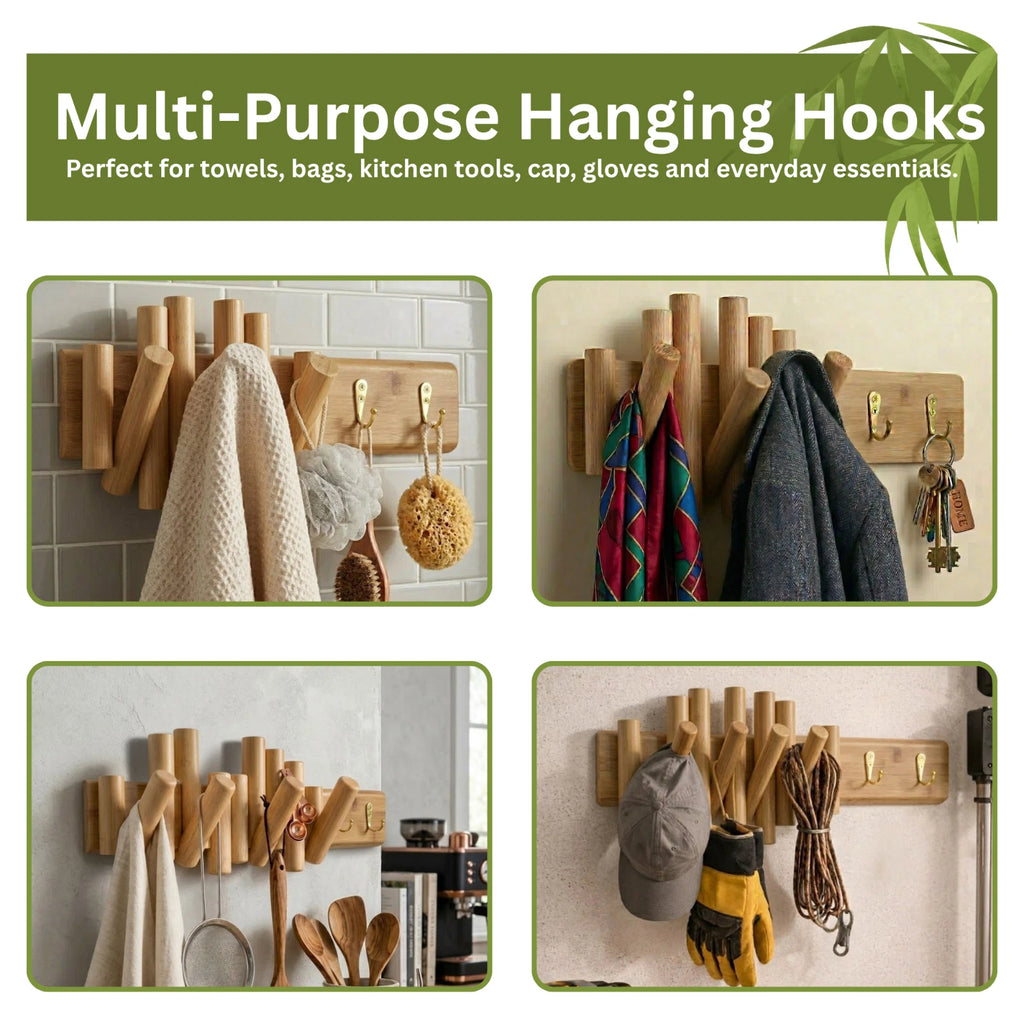 Bamboo Wall Hanging Rack Wooden Pegs Hook Organizer for Hats Coat Towels