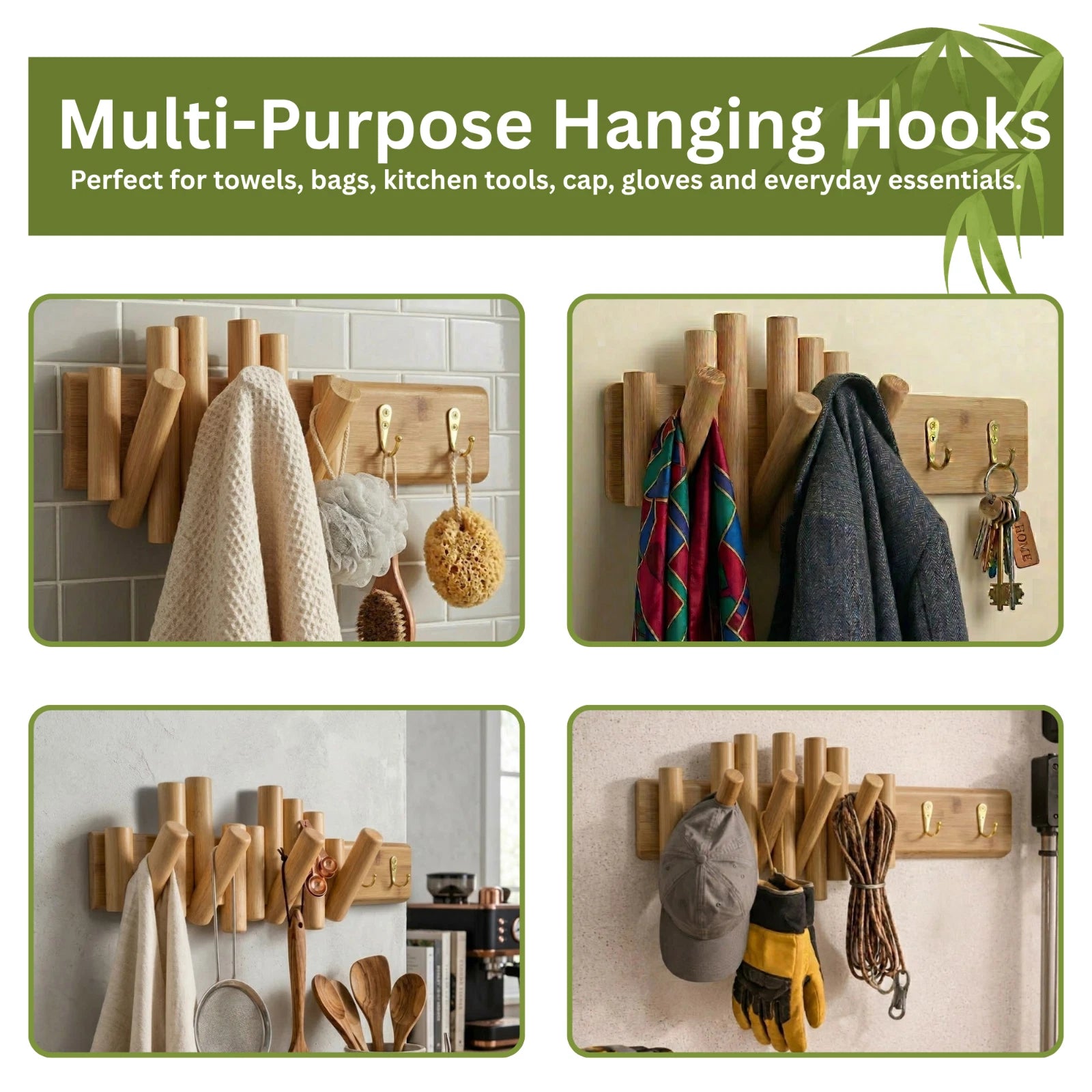 Bamboo Wall Hanging Rack Wooden Pegs Hook Organizer for Hats Coat Towels