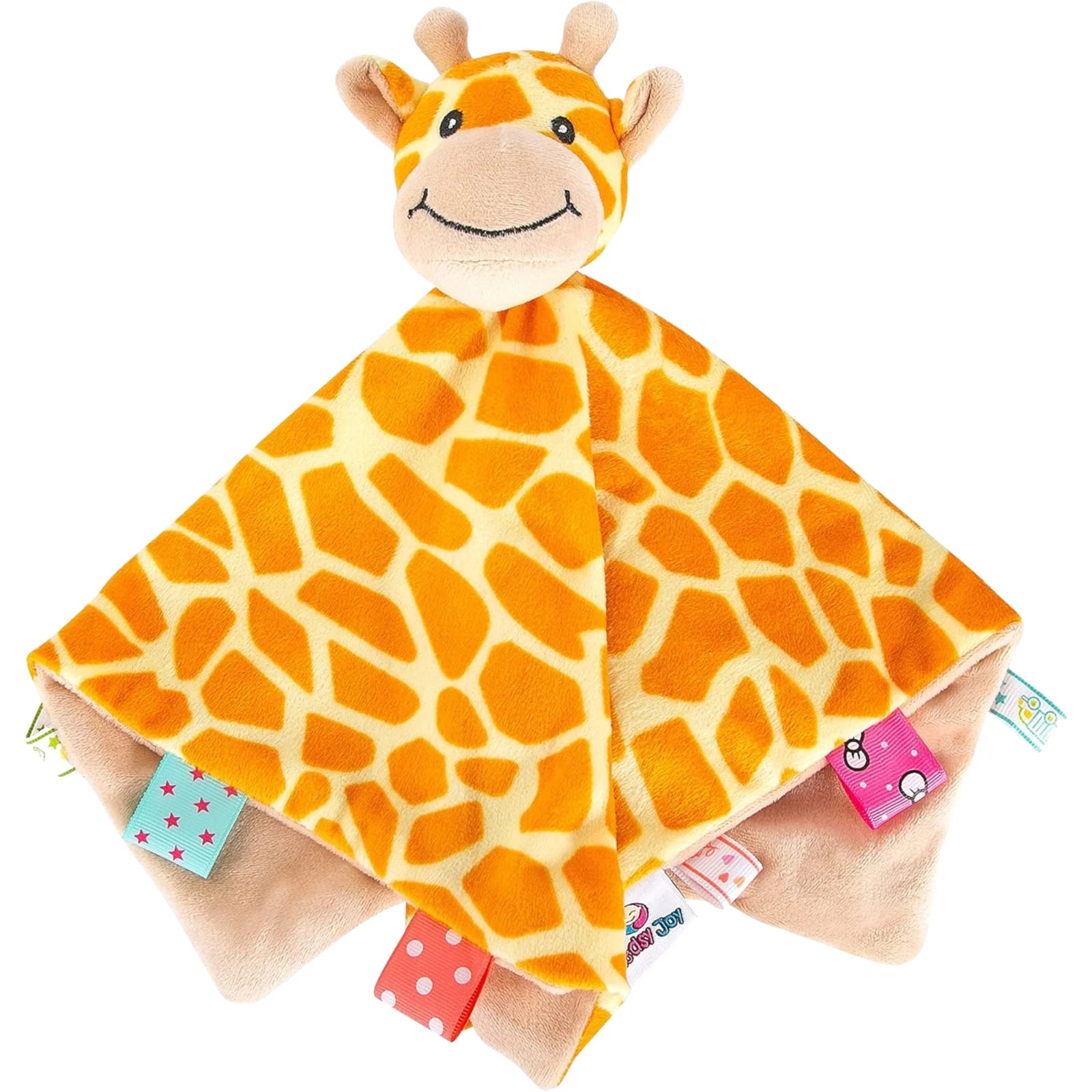 Kidsy Joy Soother Lovey 14” Ultra Soft Plush Blanket w/ Sensory Tags - Giraffe