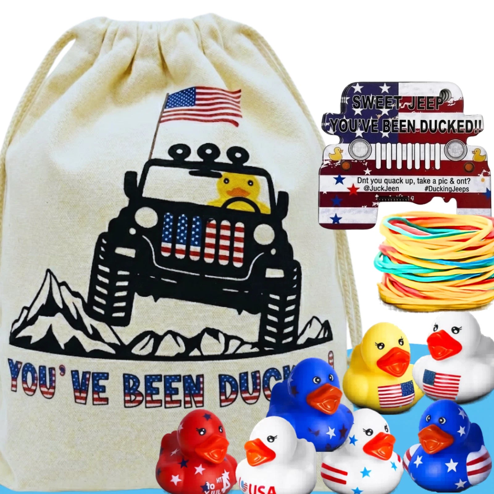 Patriotic Jeep Ducking Kit 75pc Rubber Ducks Tags Bands w/ App Happy Duckers Set